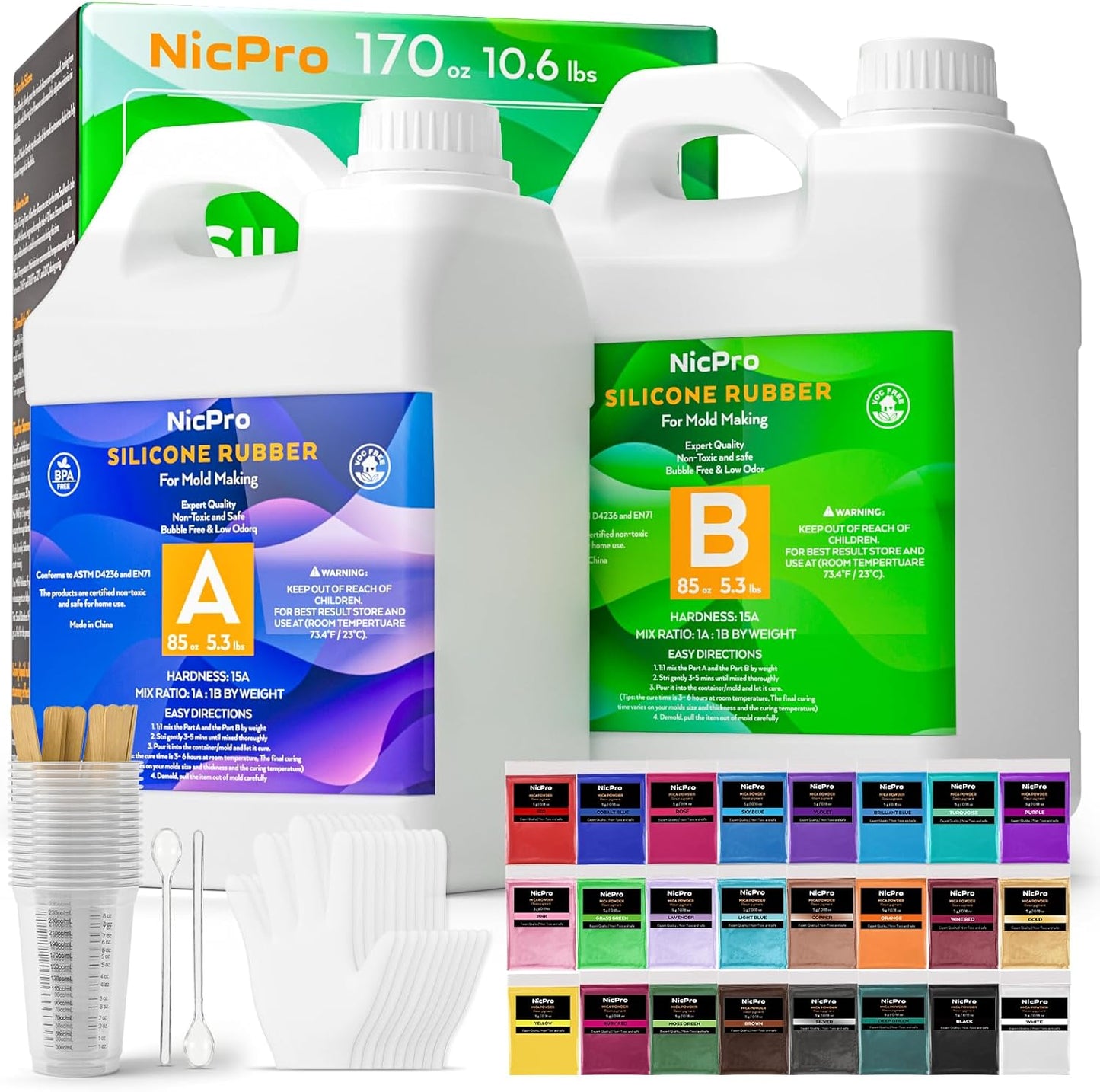 Nicpro 170oz Silicone Mold Making Kit, 15A Platinum Liquid Silicone Rubber, Flexible Silicone Molds Maker Mix Ratio 1:1 for Casting 3D Resins Candle Soap Molds DIY with 24 Mica Powder, Mixing Cups
