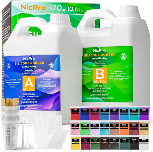 Nicpro 170oz Silicone Mold Making Kit, 15A Platinum Liquid Silicone Rubber, Flexible Silicone Molds Maker Mix Ratio 1:1 for Casting 3D Resins Candle Soap Molds DIY with 24 Mica Powder, Mixing Cups