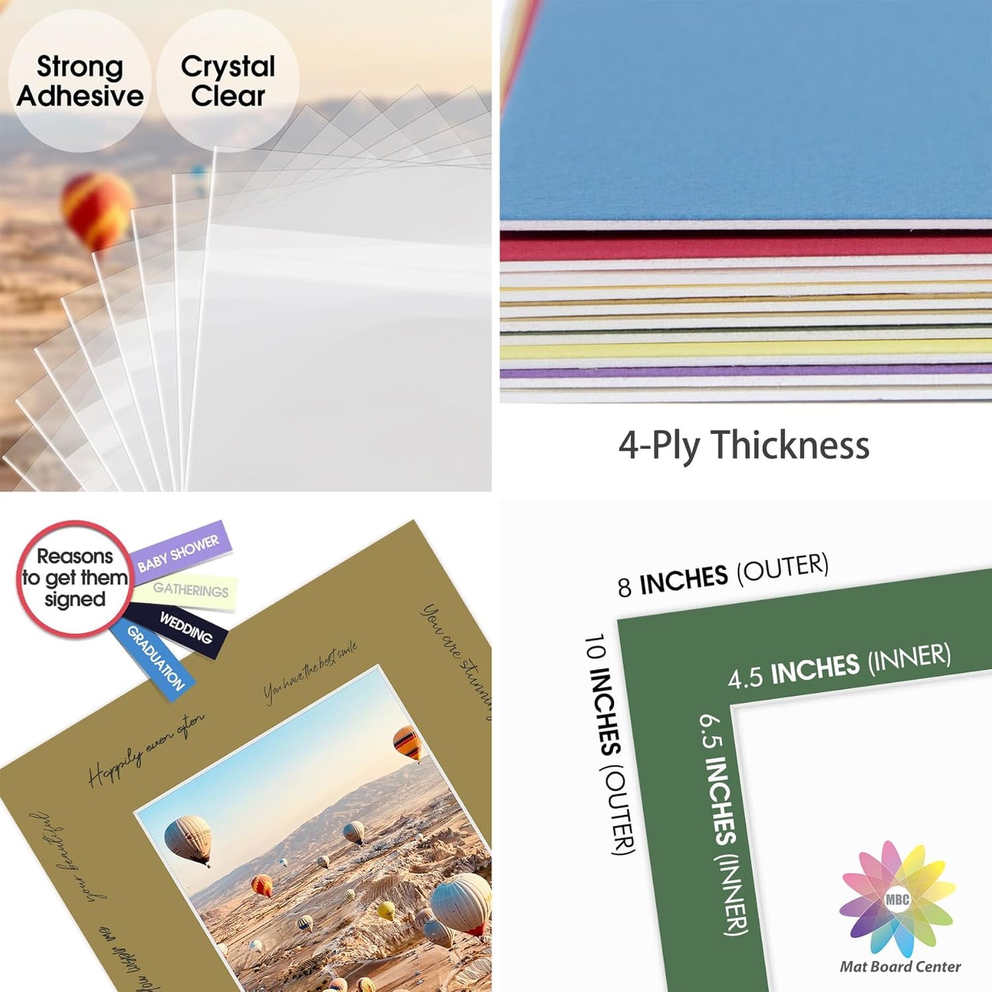 Mat Board Center, Pack of 10, 8x10 for 5x7 Mix Color Picture Mat Sets - Acid Free, 4-ply Thickness, Bevel Pre-Cut White Core - Includes Backing Boards and Clear Bags - for Pictures, Photos, Framing