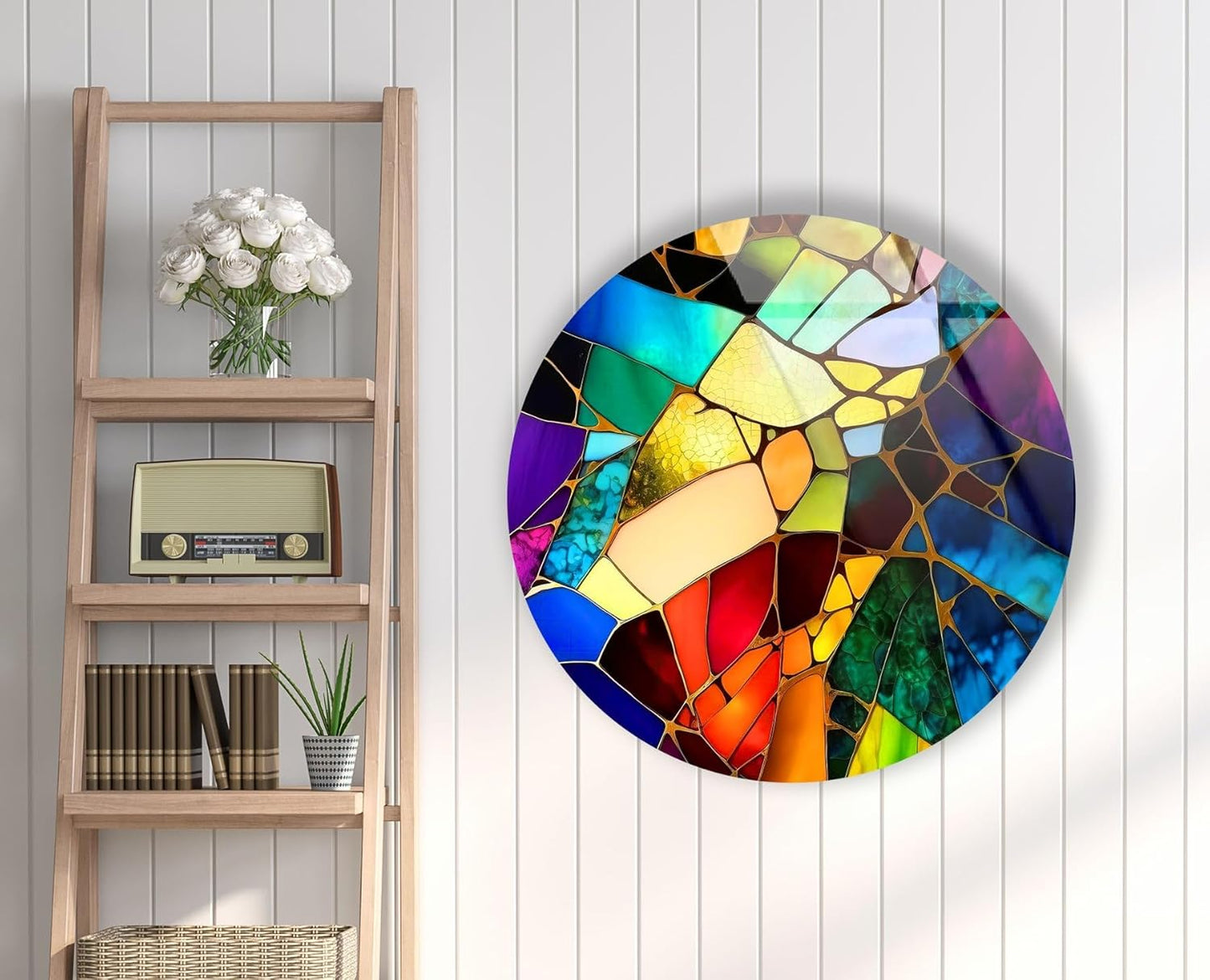 My Photostation.com 27.5''(70cm) Diameter Multicolor Round Stained Glass Wall Art Vibrant Mosaic Abstract Panel Tempered Glass Printing Wall Decor Large Wall Art Wall Hangings