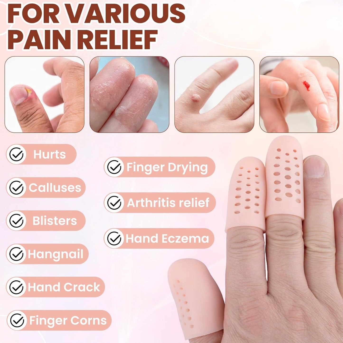 PAGOW 10pcs Gel Finger Cots/Covers, Silicone Finger Protector Support, Finger Caps Finger Sleeves Thumb Protector for Finger Cracking Trigger Finger Arthritis Pain Relief (Beige, Small)