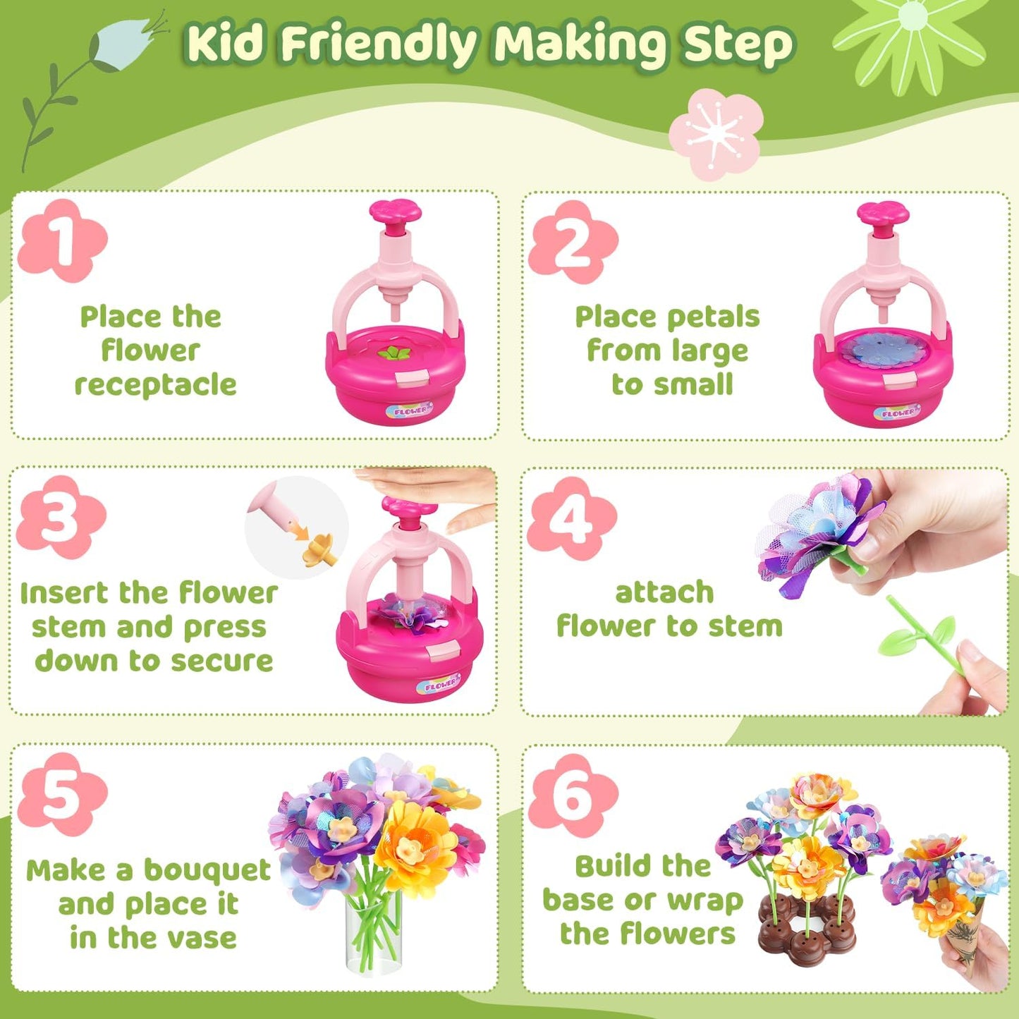 TingingYuli Arts and Crafts Kit for Kids Ages 4-8,Flower Bouquet Toys,DIY Flower Market Toys,Build Your Bouquet,Educational Christmas Birthday Gifts for 3 4 5 6 7 8 9 Year Old Girls-Rose
