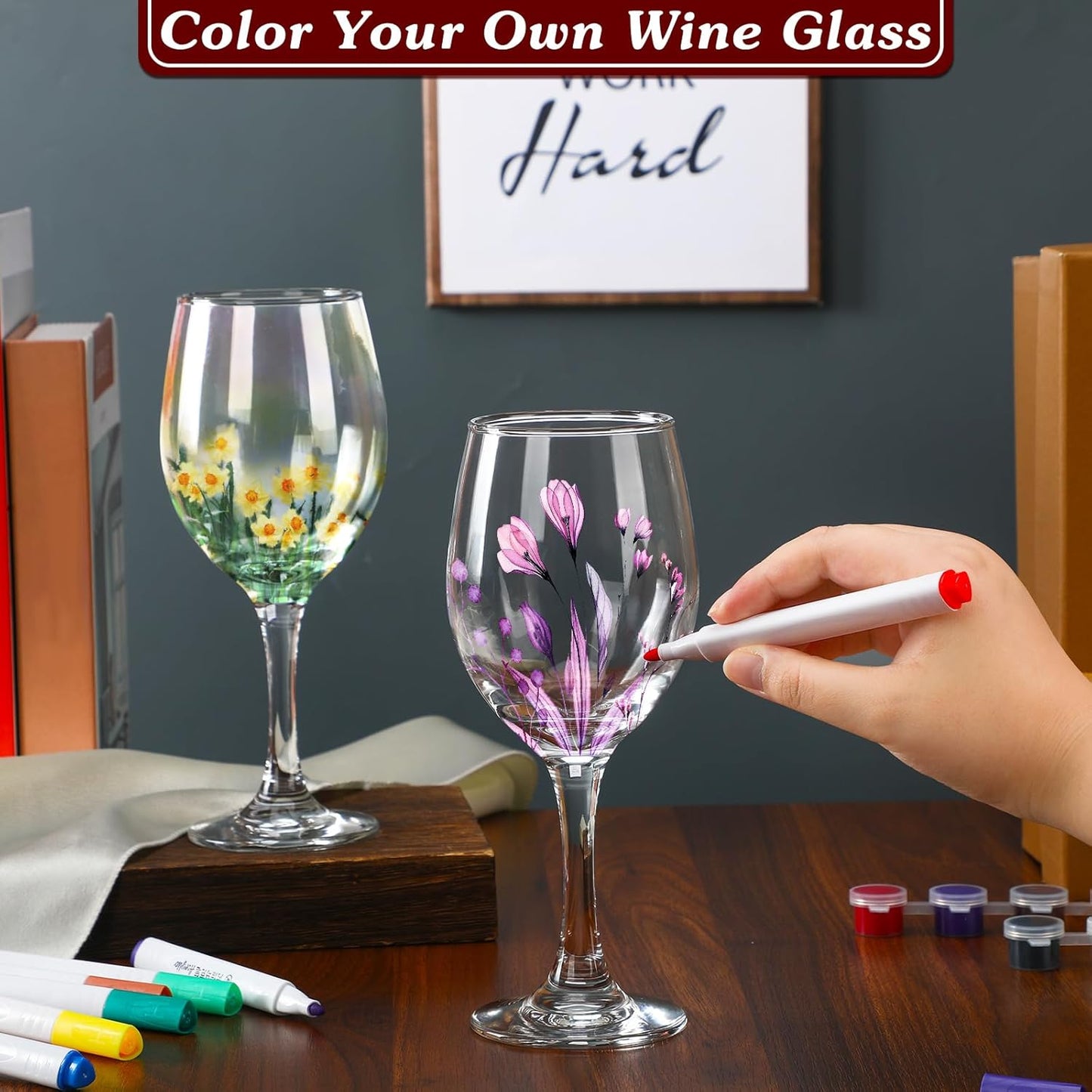 Pickmesh 4 Set Paint Your Own Glasses Kit for Adults 15 oz Wine Glass 12 Pcs DIY Markers 12 Colors Acrylic Paint with Brushes to Design Your Own Wine Glasses Gifts(High Feet)