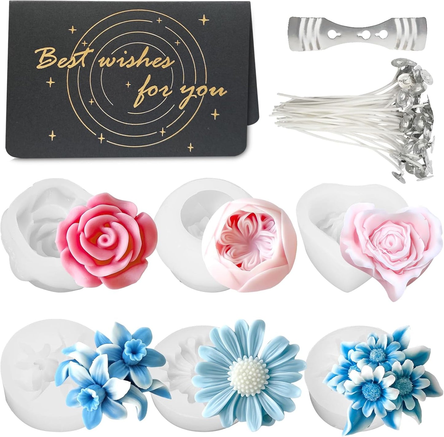 6Pcs Flower Candle Silicone Mold 3D Flower Resin Candle Molds for Candle Making with Wicks DIY Soap Wax Resin Craft Mould Home Art Decoration Box Packaging