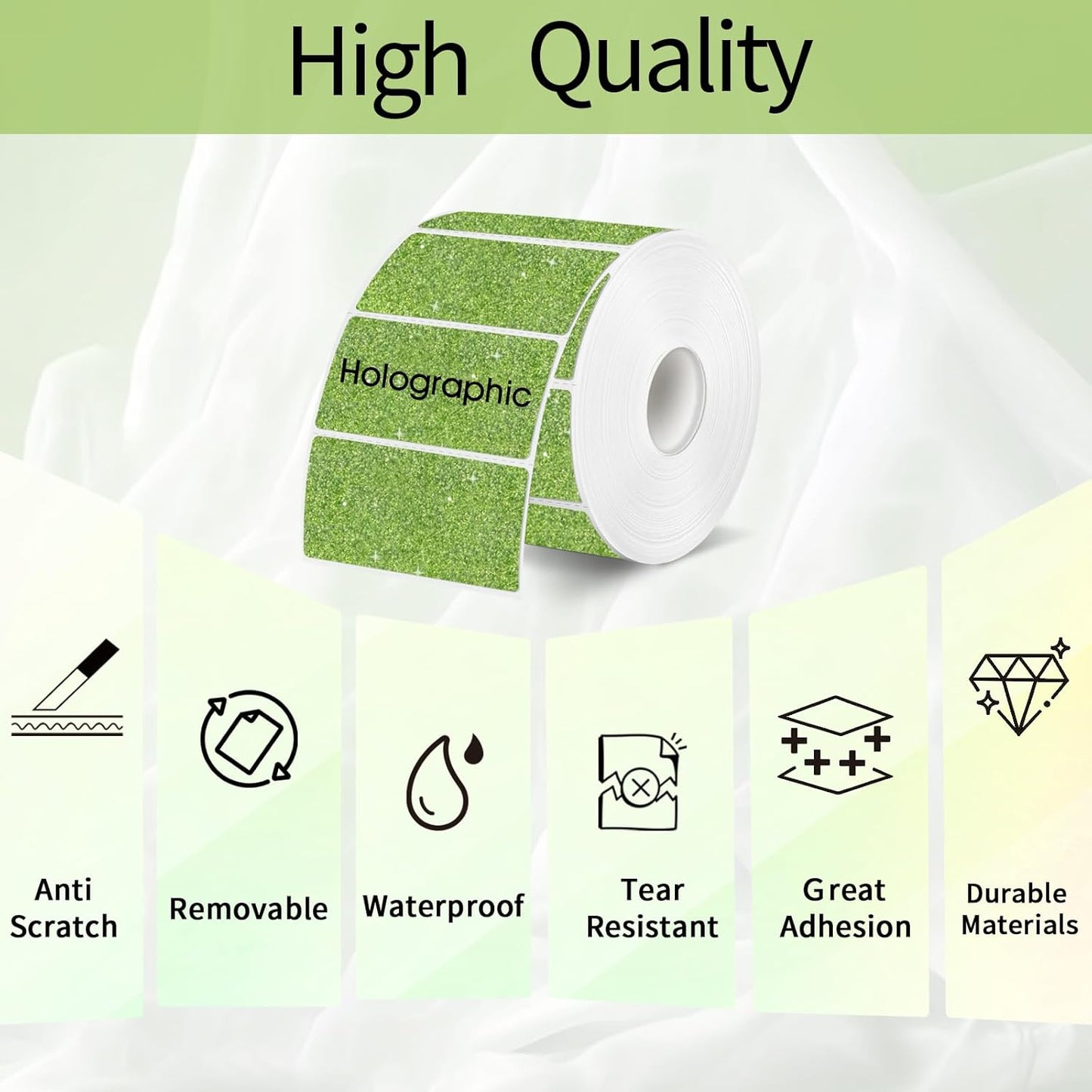 3x2 Inch Holographic Thermal Labels, Glitter Green Thermal Sticker Labels, Waterproof Thermal Printer Stickers for Price, Barcode, Name, Custom Logo Design, 200 Pcs/Roll