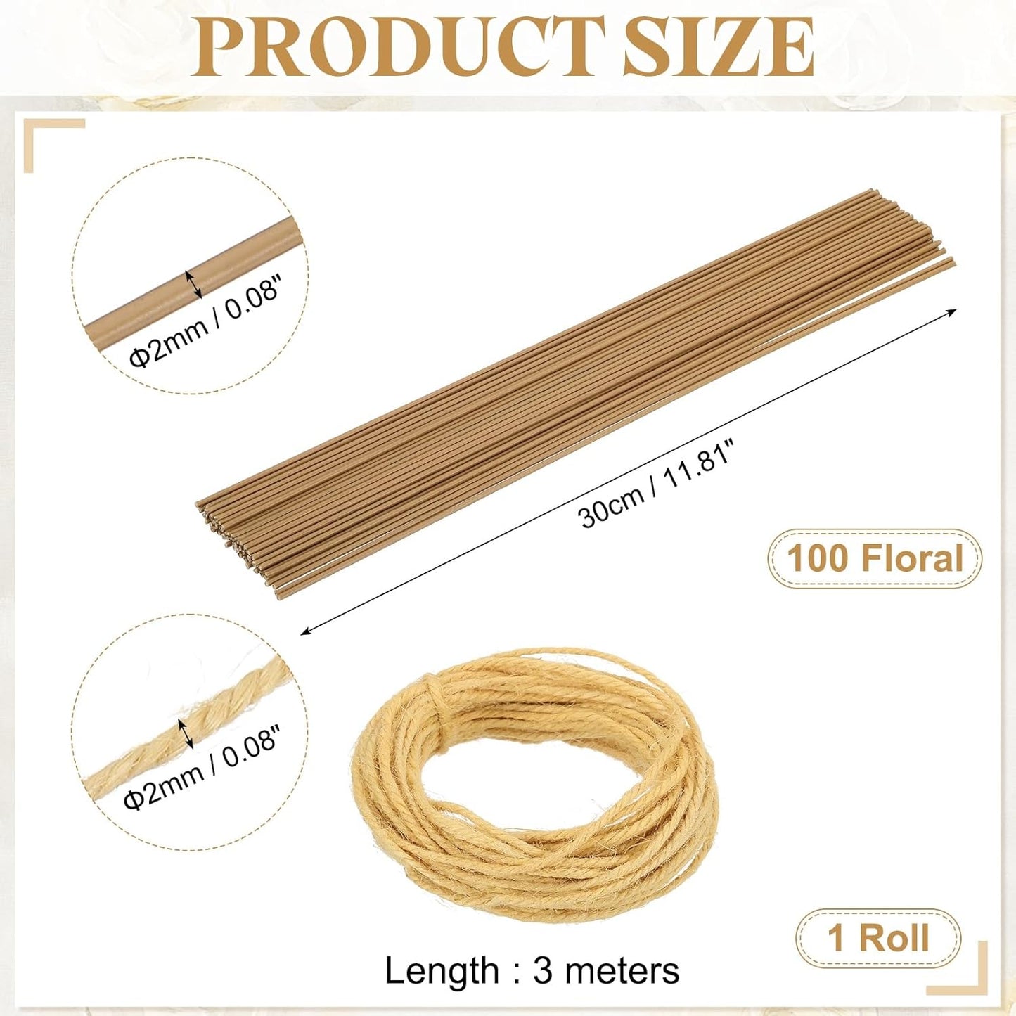uxcell 100Pcs 2 Gauge Floral Wire, 11.81" Length Flower Stem Wires with 0.08" x 32.8ft Twine for Wreath Making, Flower Arrangement, Yellow