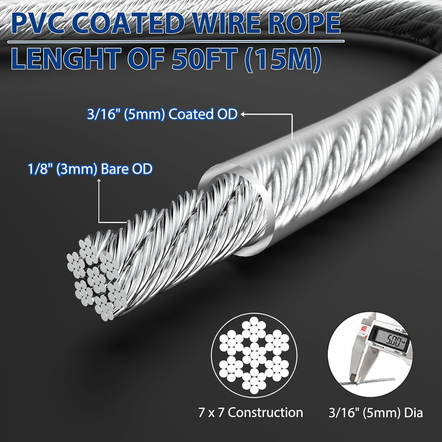 3/16" Wire Rope, 50Ft PVC Coated Steel Cable 7×7 Strand Core, Ideal Cable Railing System for Stair Handrail Balusters Porch Fence Deck, String Light Hanging, Clothesline, Curtains, Shade Sail