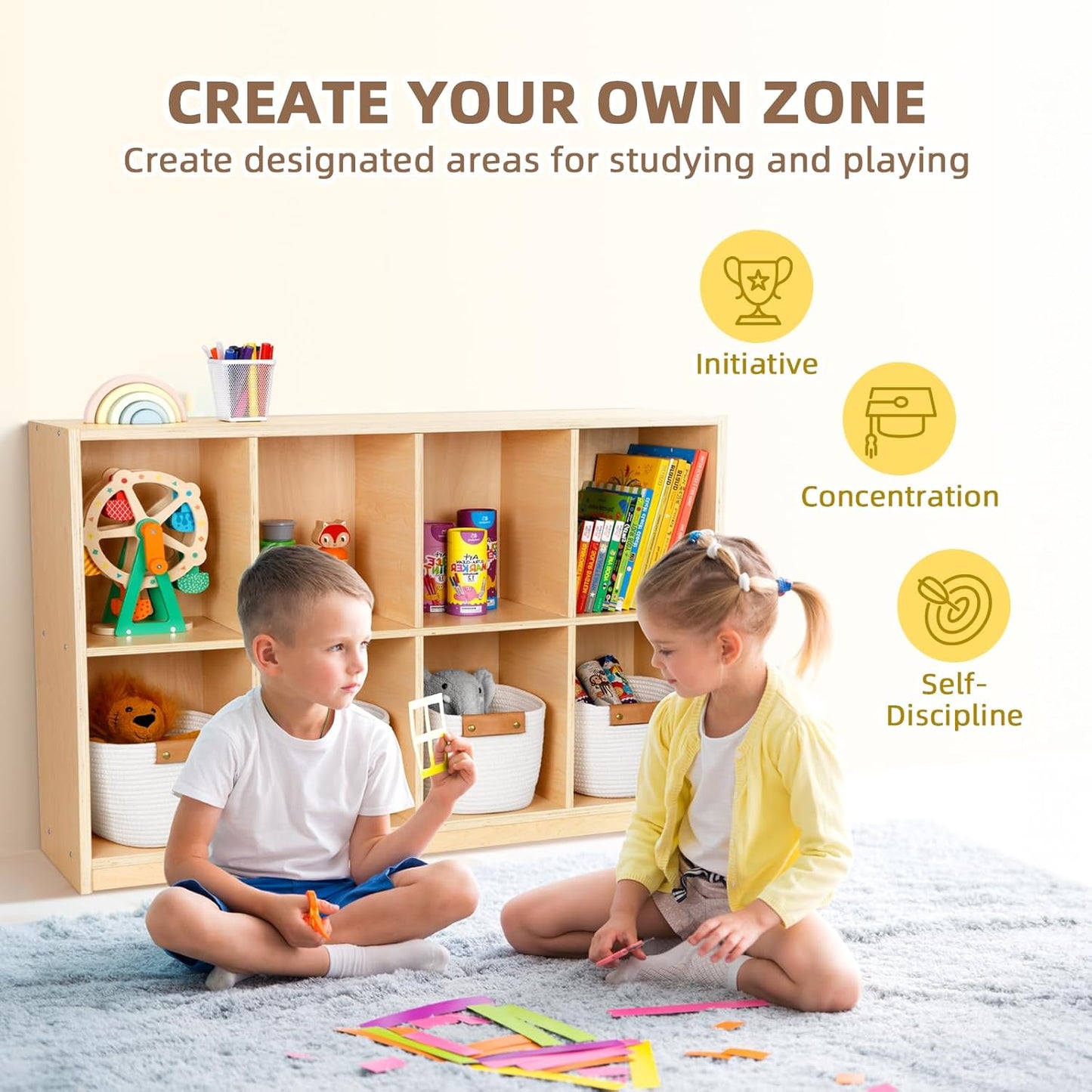 OOOK 8-Compartment Backpack Wooden Storage Cabinet - Kids Toy Storage Organizer - Bookshelf for Classroom, Playroom, Kindergarten, Living Room, Office