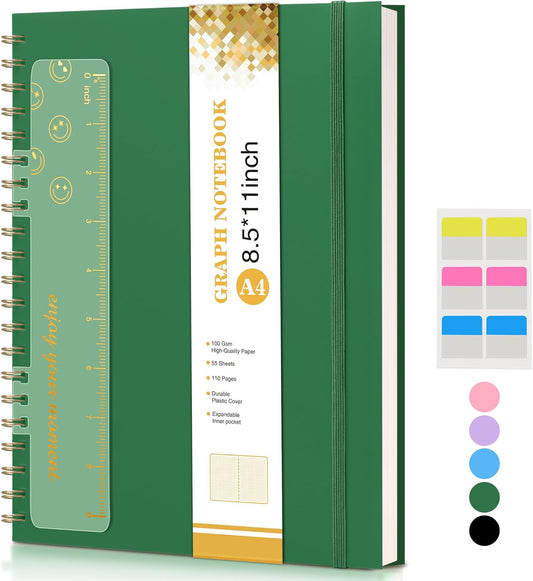 Graph Paper Notebook, Spiral Notebook Journal 8.5” x 11”, A4 Large Grid Notebooks for Women Men, 100 GSM Graph Paper, Plastic Hardcover Spiral Graphing Journals for Work School Engineerin, Green