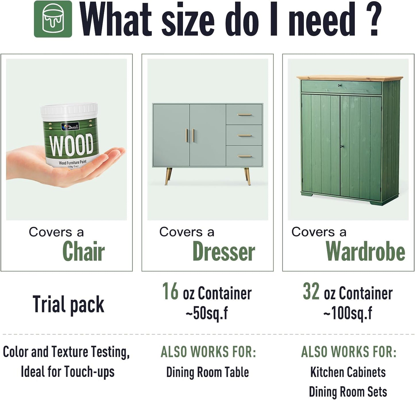 DWIL Matte Finish Furniture Paint - 5 Oz Wood Paint for Cabinets, Doors, Tables, and Dressers Refinishing - Water-Based, Non-Toxic & Odorless, Easy to Apply(Cardamom Green)-Trial Pack