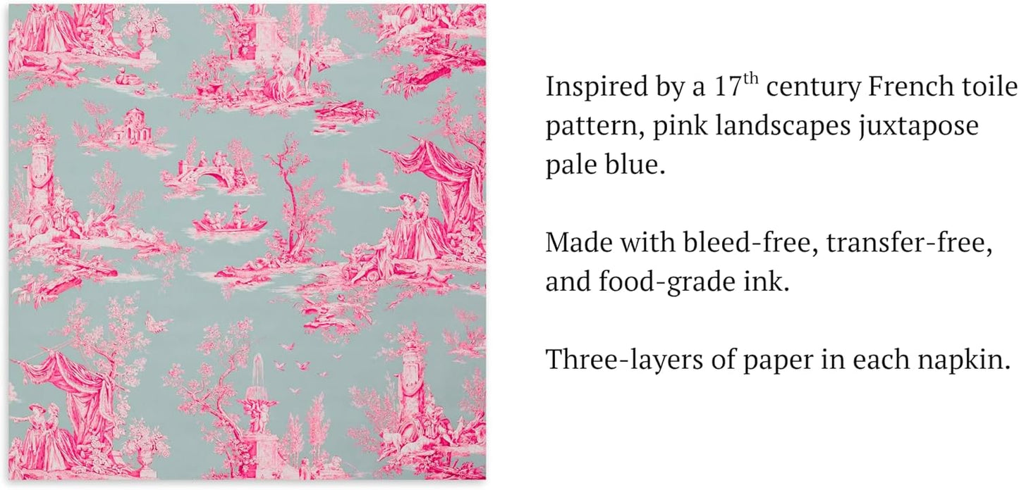 Stxy's (3ply) 60ct Pink Toile Paper Napkins Vintage Cocktail Napkins for Girl or Boy Baby Shower, French Pink and Blue Toile Napkin Pack for decoupage, baby shower