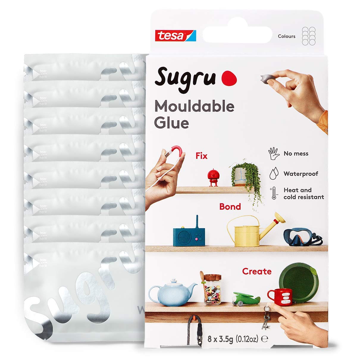 Tesa Sugru Super Glue - Waterproof Wood Glue for Home Improvement & Crafts - Use as a Poster Putty or Silicone Adhesive for Repairing & Bonding - 8 Pack - White (3.5g/ea)