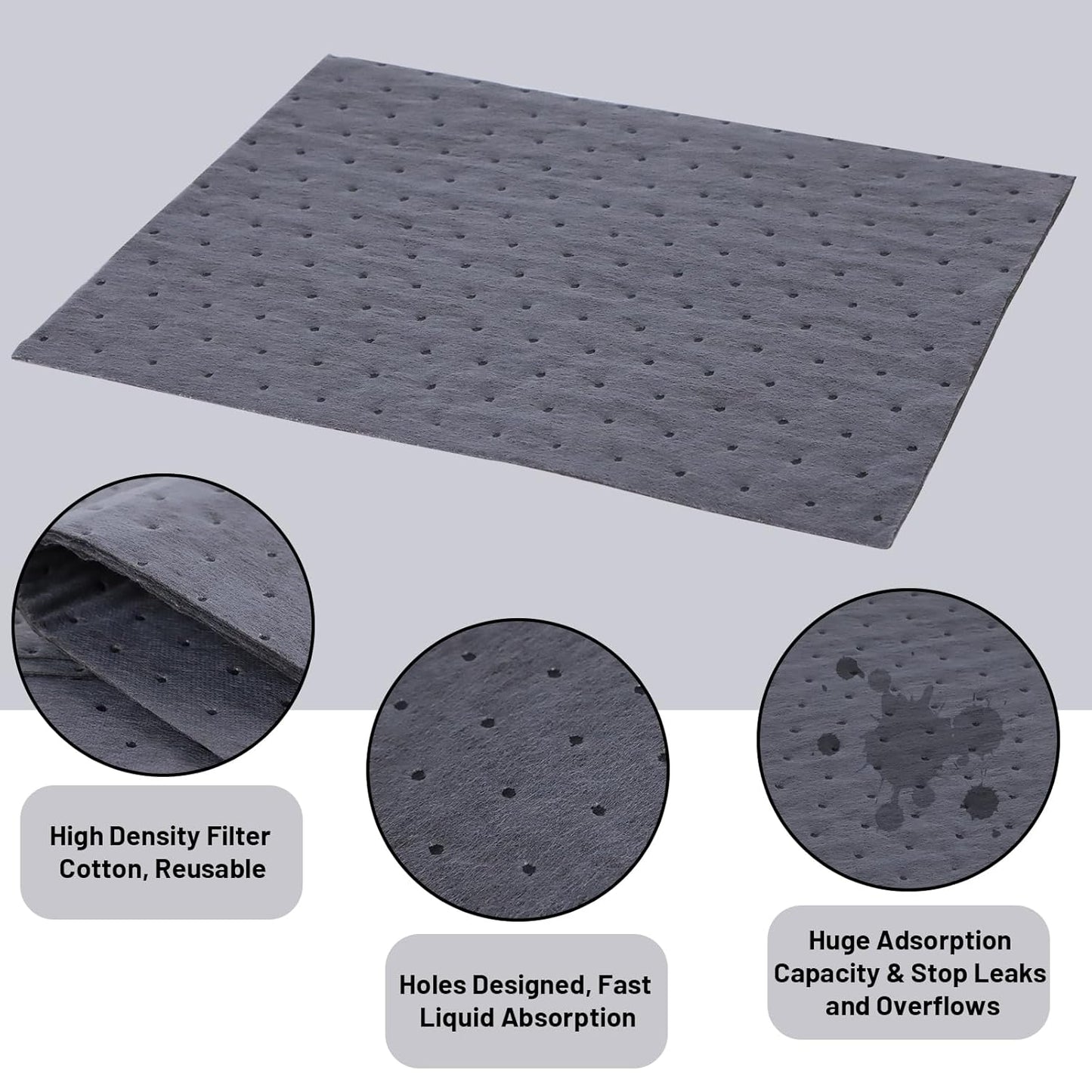 100 PCS Oil Absorbent Pads - 13"x10" Super Oil Spill Mats for Garage, Workshop & Kitchen - Soaks Up Oil, Grease, Coolant Fast - Reusable & Tear-Resistant (Gray)