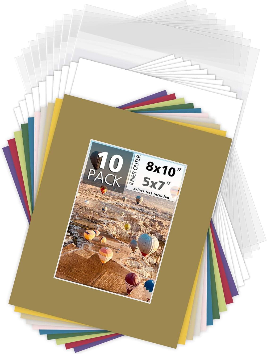 Mat Board Center, Pack of 10, 8x10 for 5x7 Mix Color Picture Mat Sets - Acid Free, 4-ply Thickness, Bevel Pre-Cut White Core - Includes Backing Boards and Clear Bags - for Pictures, Photos, Framing