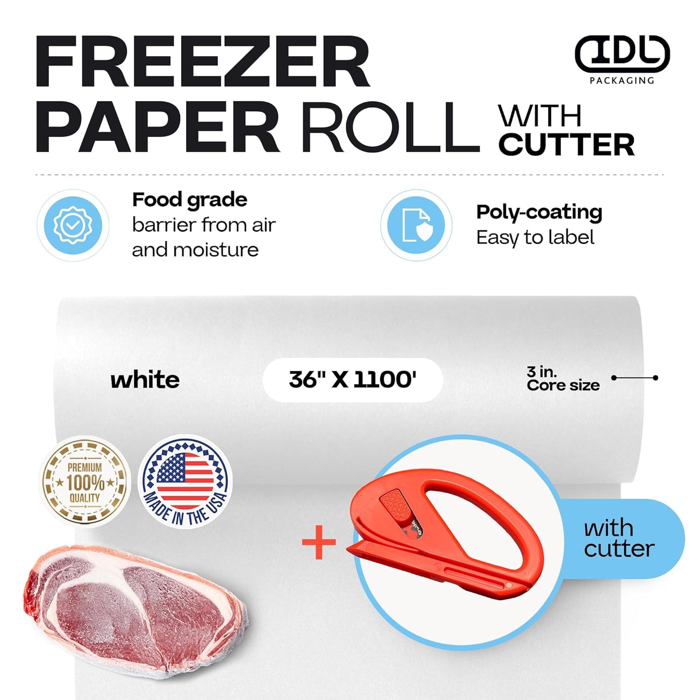White Freezer Paper 36" x 13200" (1100 feet) with Cutter - USA-made Large Freezer Paper Roll for Meat & Fish - Poly-Coated Food Wrapping Material for Freezing by IDL Packaging