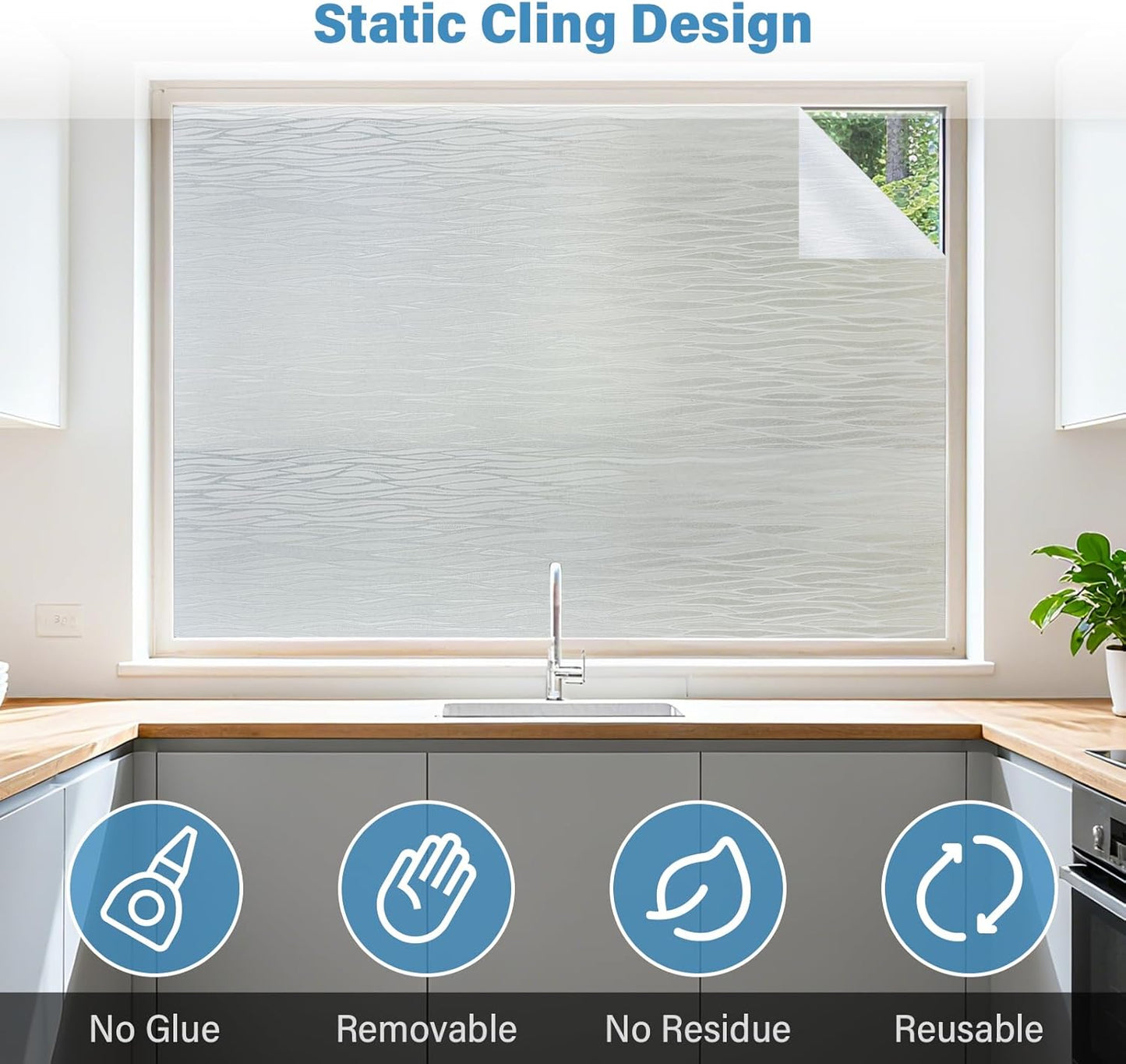 Finnez Frosted Privacy Window Film Static Cling, Non-Adhesive Decorative Cover for Glass Door & Windows, No Glue Removable Clings UV Blocking Waves Design for Home Office 45.2 x 78.7 Inches