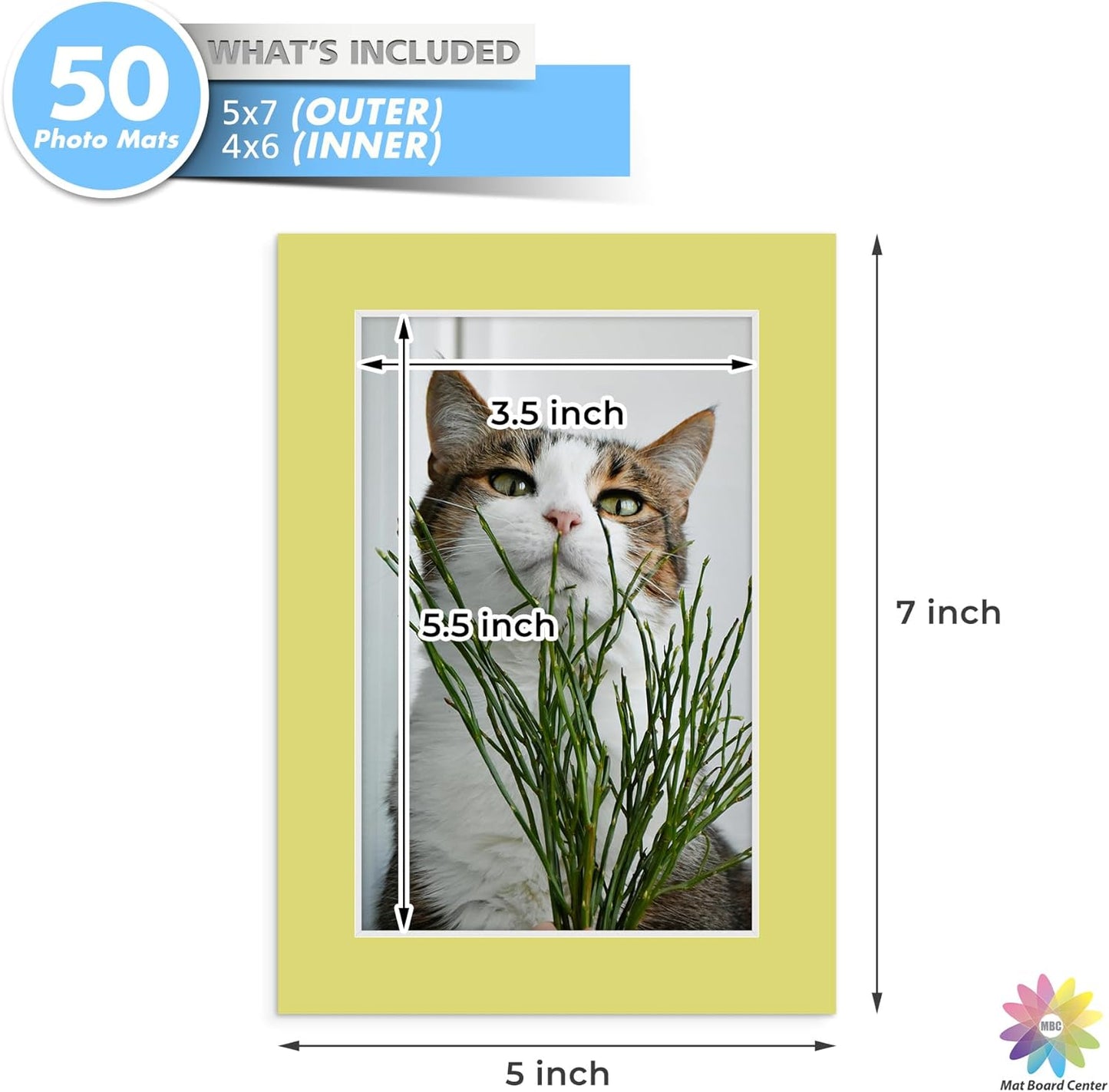 Mat Board Center, Pack of 50, 5x7 for 4x6 Mixed Color Mats - Acid Free, 4-ply Thickness, White Core - for Pictures, Photos, Framing