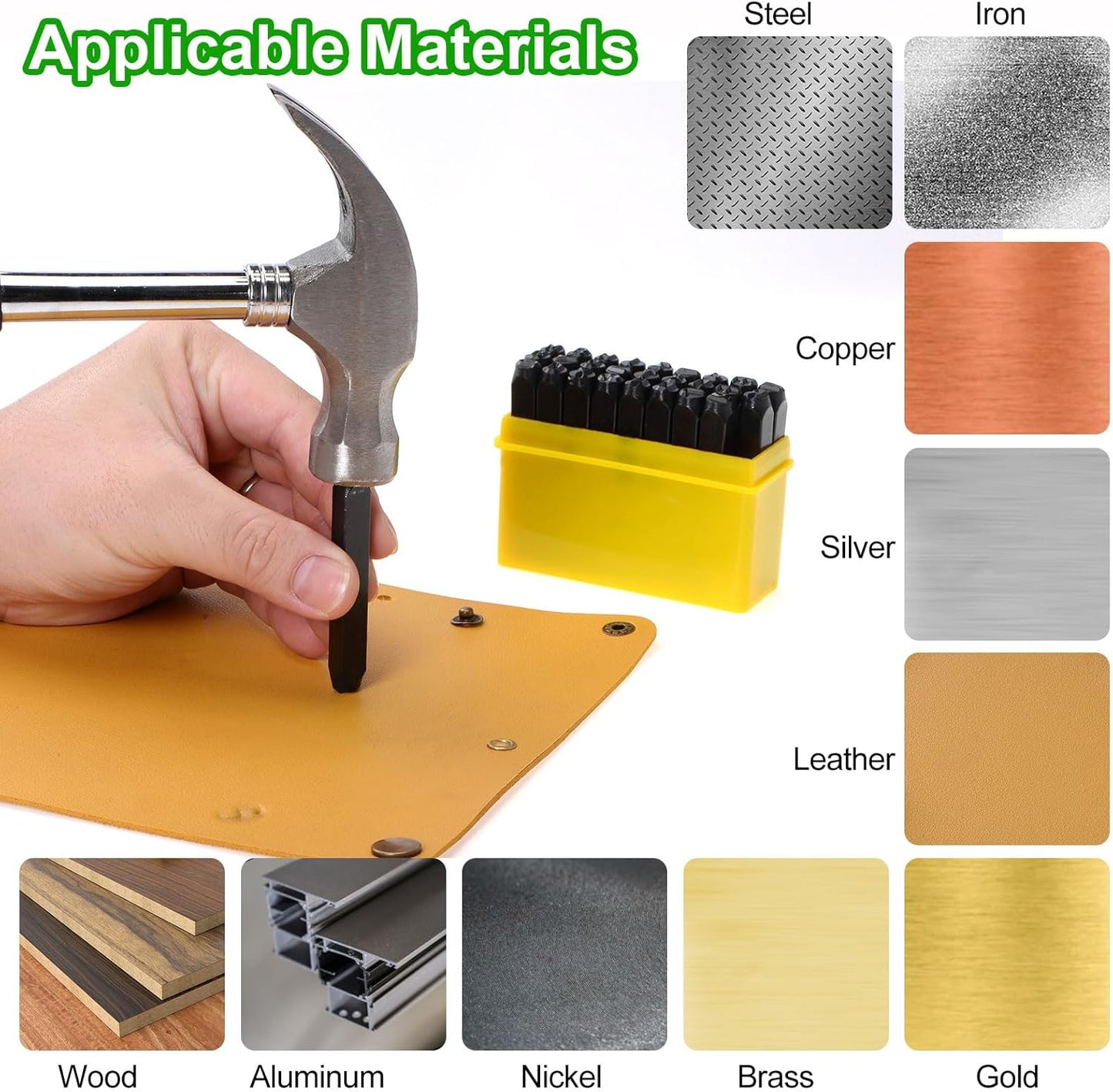 HARFINGTON 36pcs Metal Stamping Kit 1/2" (12.5mm) (A-Z, 0-8, "&" Symbol) Steel Letter Punch Press Tool with Hole Punch to Stamp on Metal, Plastic, Wood, Leather, Black