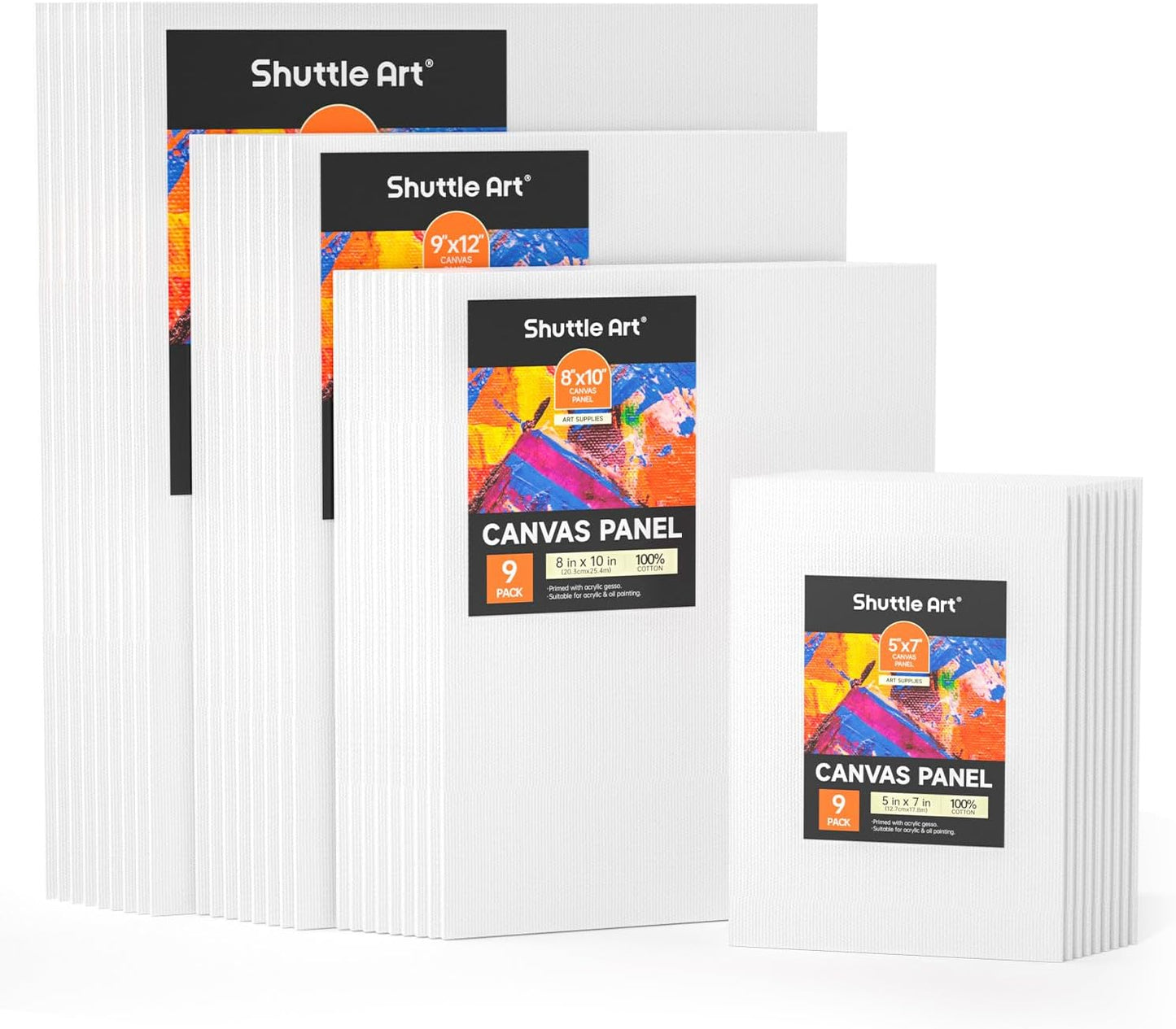 Shuttle Art Painting Canvas Panel, 36 Multi Pack, 5x7, 8x10, 9x12, 11x14 inch (9 PCS of Each), 100% Cotton Art Canvas Board Primed White, Blank Canvas for Kids Adults for Acrylic Oil Painting