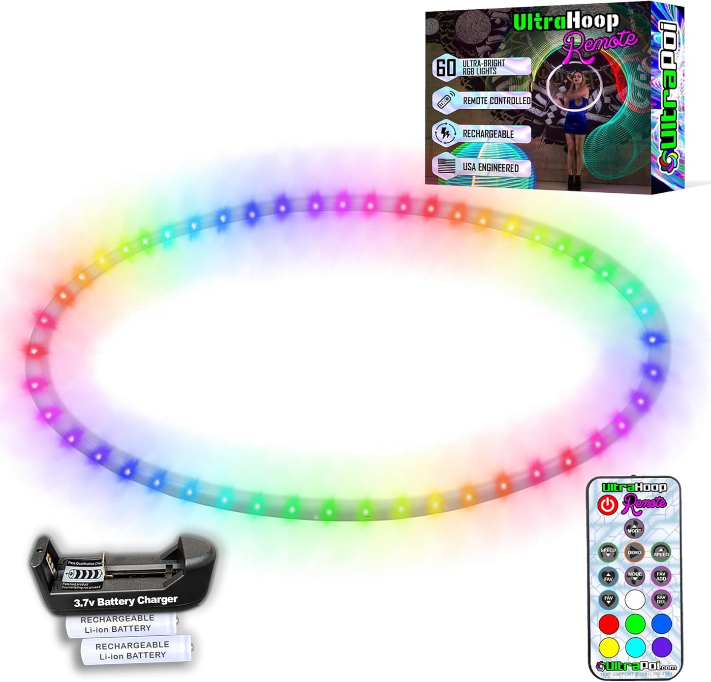 UltraHoop Remote LED Hoop - Wireless Control 60 Color Changing LED Lights w/ 300+ Modes & Patterns - Rechargeable Battery, HDPE Collapsible, Advanced to Beginner Hoola Hoops - 28” x 5/8" OD - UltraPoi