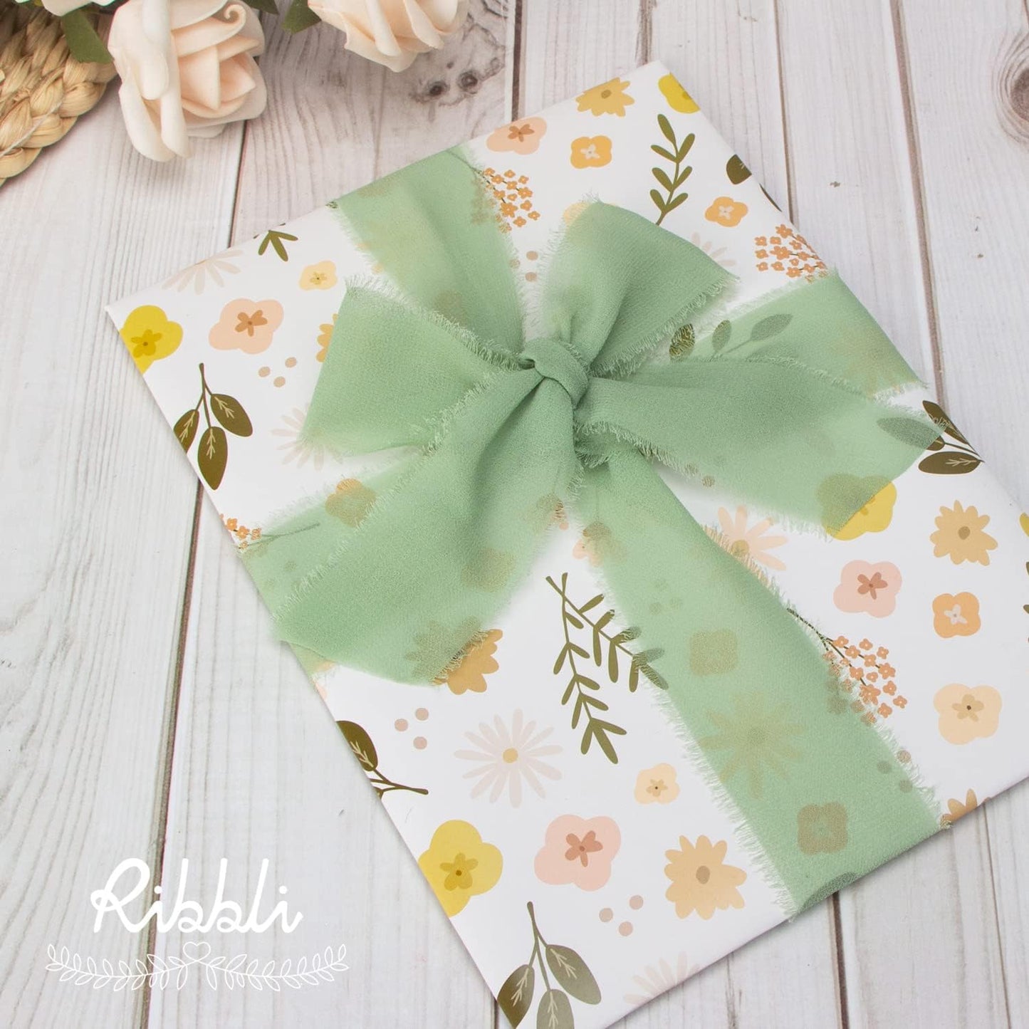 Ribbli Sage Green Chiffon Ribbon 1-1/2 inch x 30 Yard Handmade Fringe Chiffon Sage Silk, Sage for Wedding Invitations, Bridal Bouquets Wrapping, Flower Arrangement Decoration