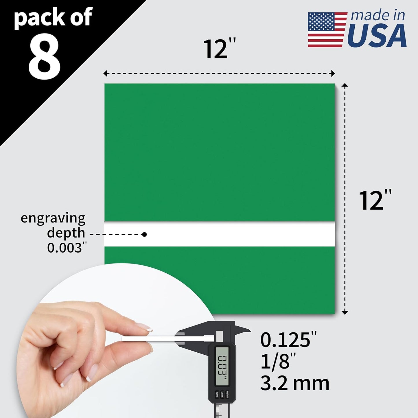 Trotec TroLase | 12"x12"x1/8", 8 Pcs | Bright Green/White | 2 Ply | Modified Acrylic | Laser Engraving Double Color Plastic Sheet | Engraving Blanks for Laser, Saw, Guillotine | Made in USA