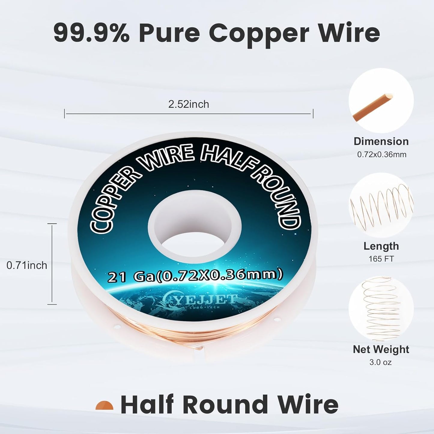 Bulk 21 Gauge Half Round Copper Wire - 3.0 oz (165 Feet) Artistic Wire for Metalworking & Architectural Detailing