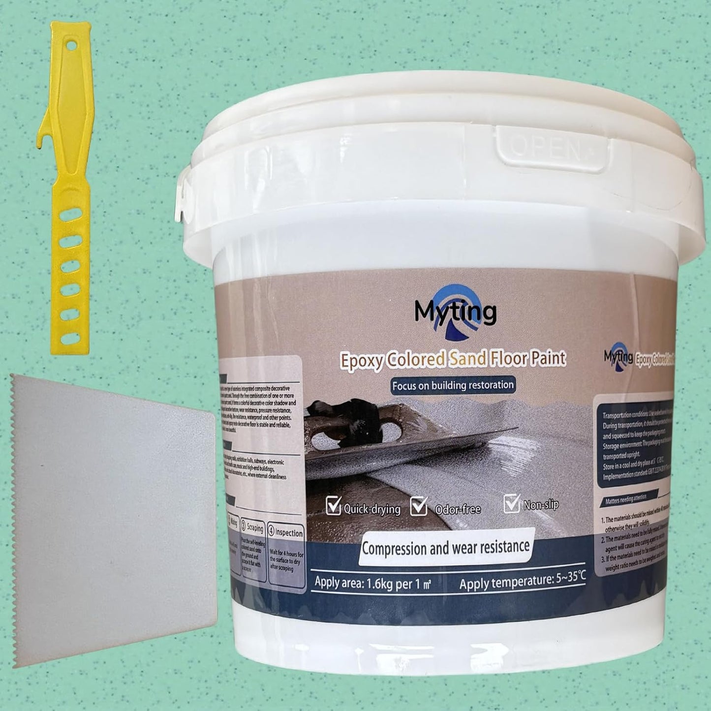 Epoxy Colored Sand Floor Paint, Epoxy Floor Paint High Gloss Marble Effect Coating for Indoor and Outdoor, Wear-resistant and non-slip Self-leveling Coating Green 35OZ(1KG)