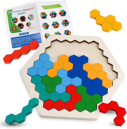 Skrtuan Wooden Blocks Puzzle for Kid Adults Brain Teaser Hexagon Puzzles Games Toy Shape Pattern Block Tangram Geometry Logic IQ STEM Montessori Educational Gift for Kids Boys Girls Challenge