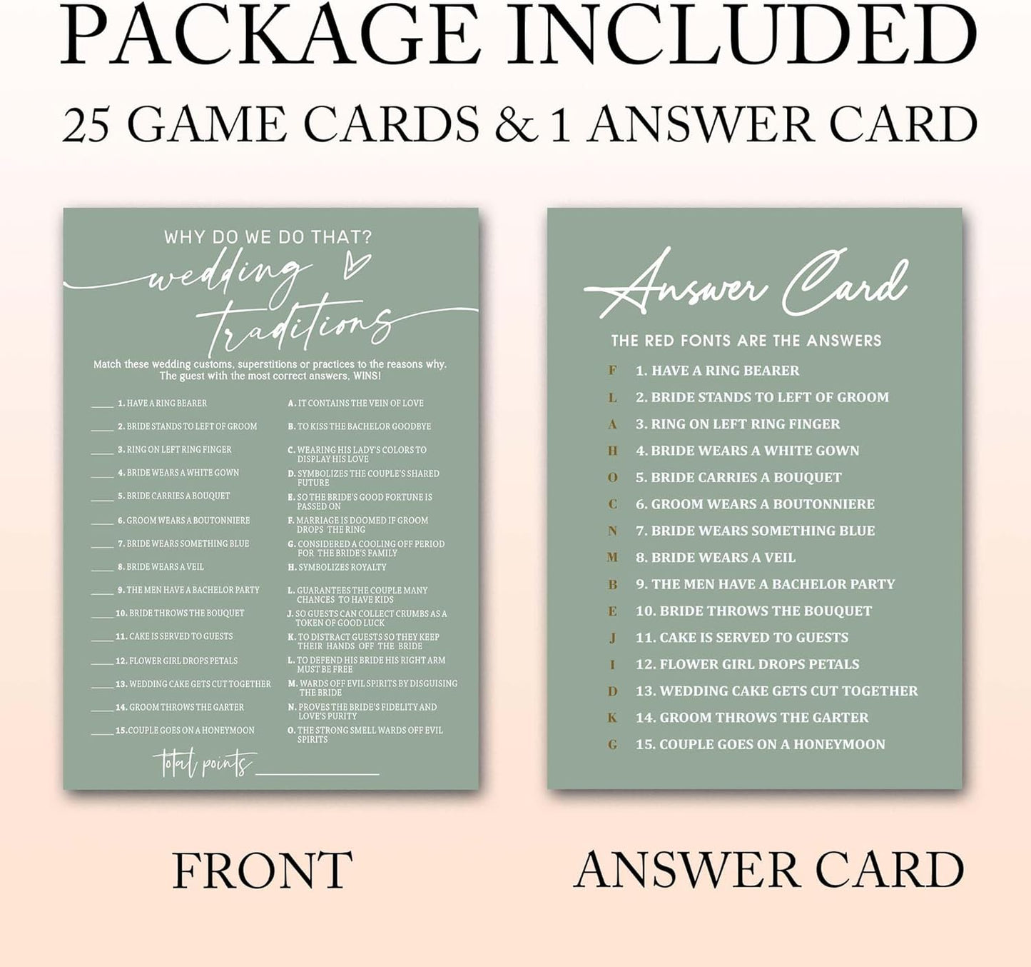 Bridal Shower Games Cards, Wedding Traditions Why Do We Do That, 25 Game Cards with 1 Answer Card, Engagement Party Wedding Games for Guests, Minimalist Green Wedding Party Supplies - C08