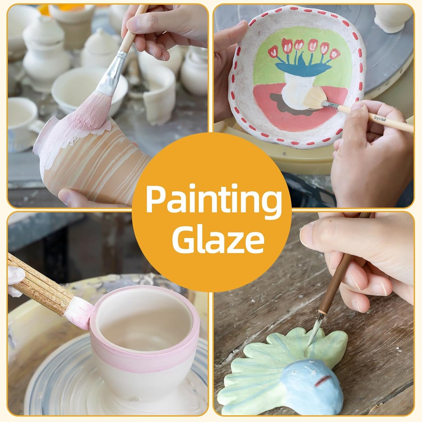 Pottery Glaze Brushes,16 PCS Painting Ceramic Brush Set, Different Shape Wool Soft Bristle for Ceramic Pottery Glazing Creation