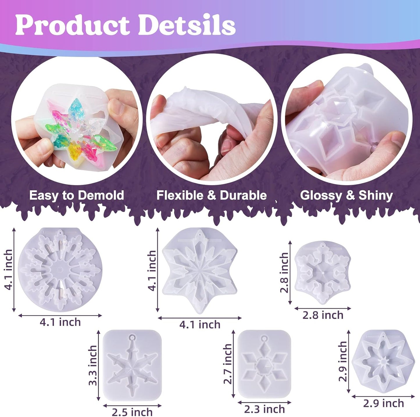 LET'S RESIN Christmas Resin Molds, 6 Pcs Varying Sizes Snowflake Epoxy Resin Molds Silicone, 3D Ice Crystal Resin Ornament Molds, Silicone Molds for Epoxy Resin, Tree & Car Decoration