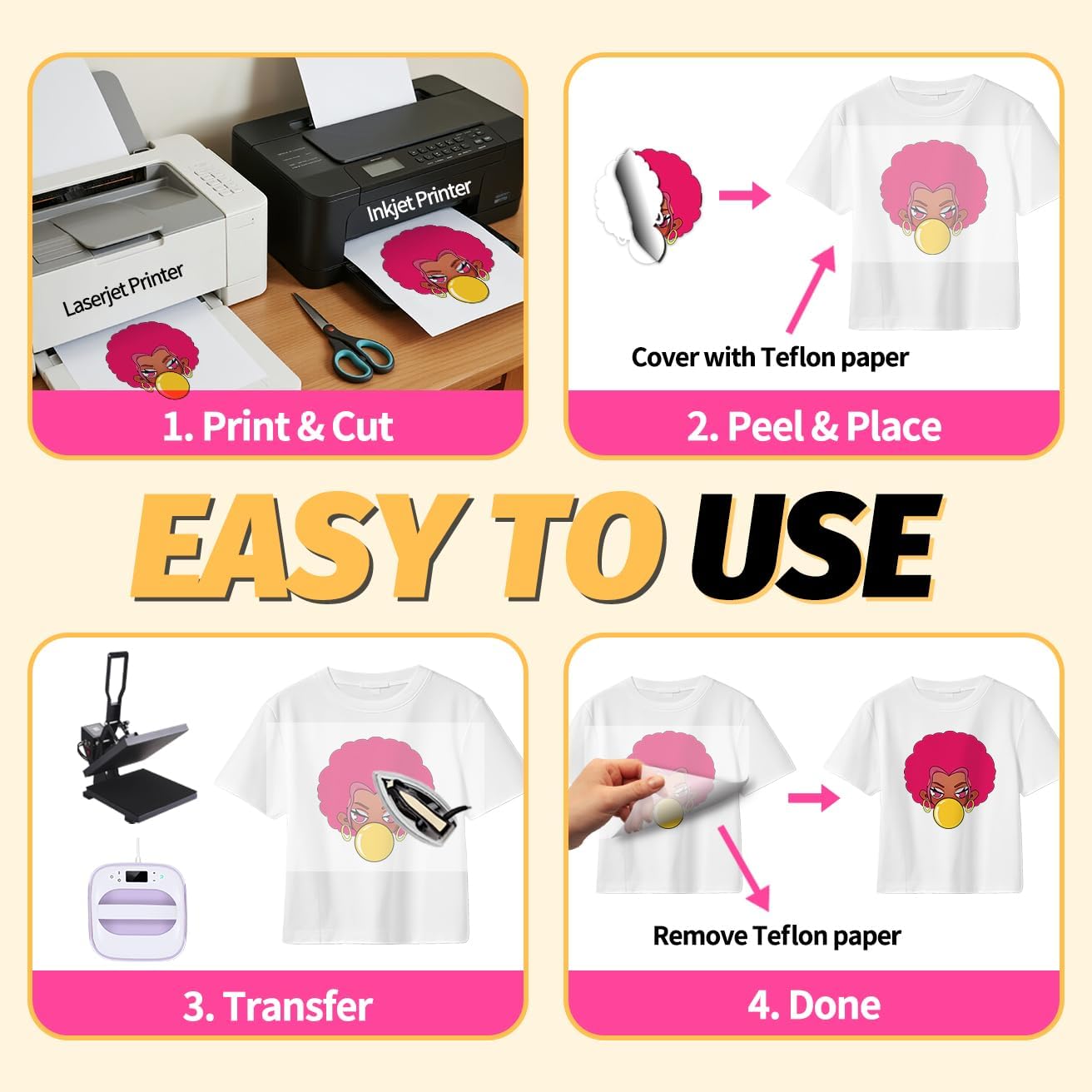 Lovein Pinkie Iron on Heat Transfer Paper for T Shirts (20 Sheets, 8.5x11'', Light Plus) Printable Heat Transfer Vinyl for Laserjet & Inkjet Printer Iron on Transfers Paper for Light Fabric (PK-L3-20)