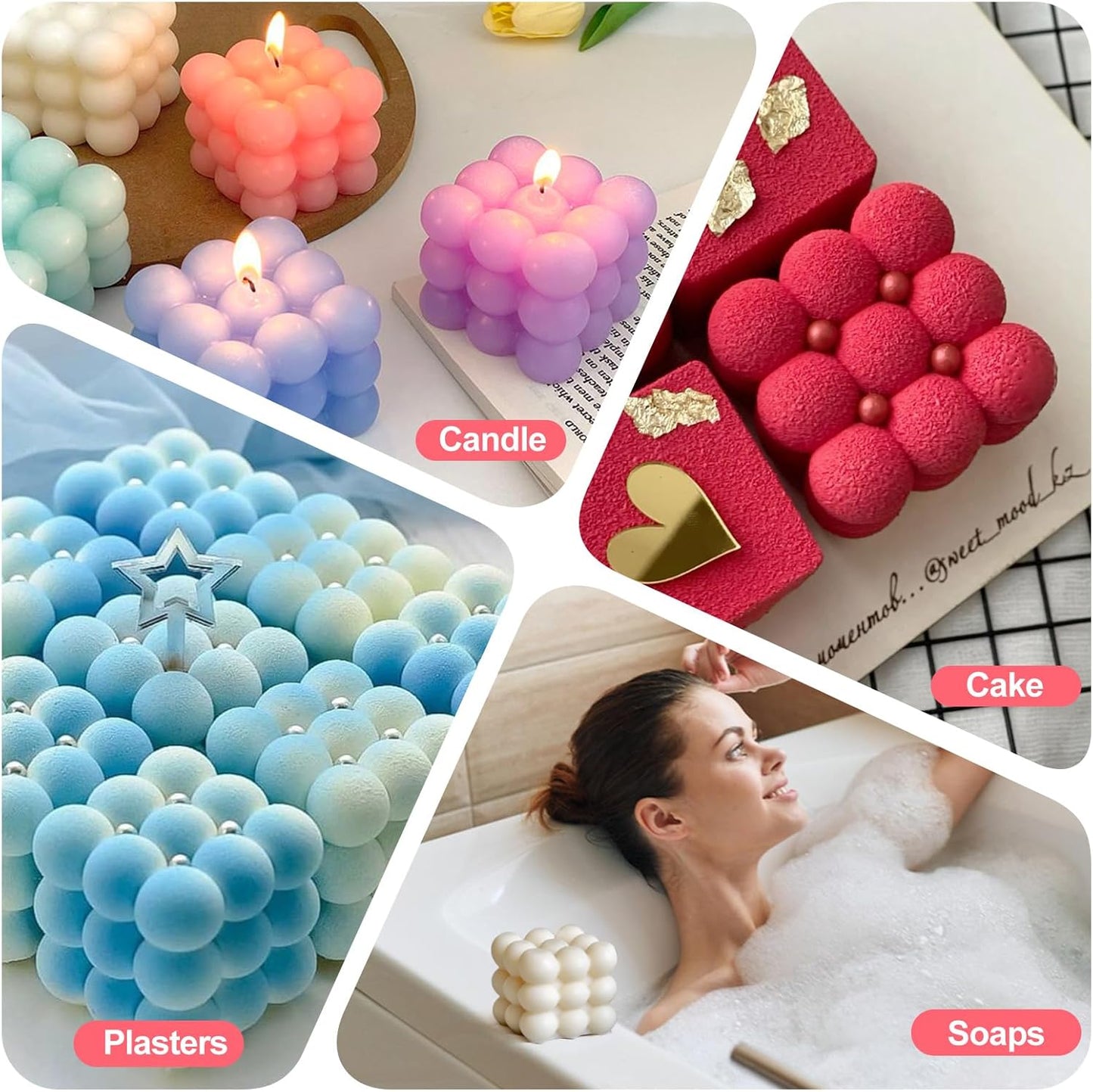 JDH 3D Bubble Candle Silicone Molds 15 Cavity Cube Silicone Candle Molds Soap Mold for Candle Making,Soap Making Bubble Cake Mold Baking Mousse Cake Dessert Jelly Ice Cream