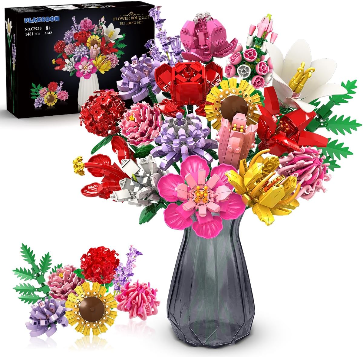 Flower Bouquet Building Set, 1464 PCS Botanical Collection Building Block Toy, 18 Flowers Rose Sunflower Home Plant Decor, Birthday Gifts for Adults Women Boys Girls 8-12+