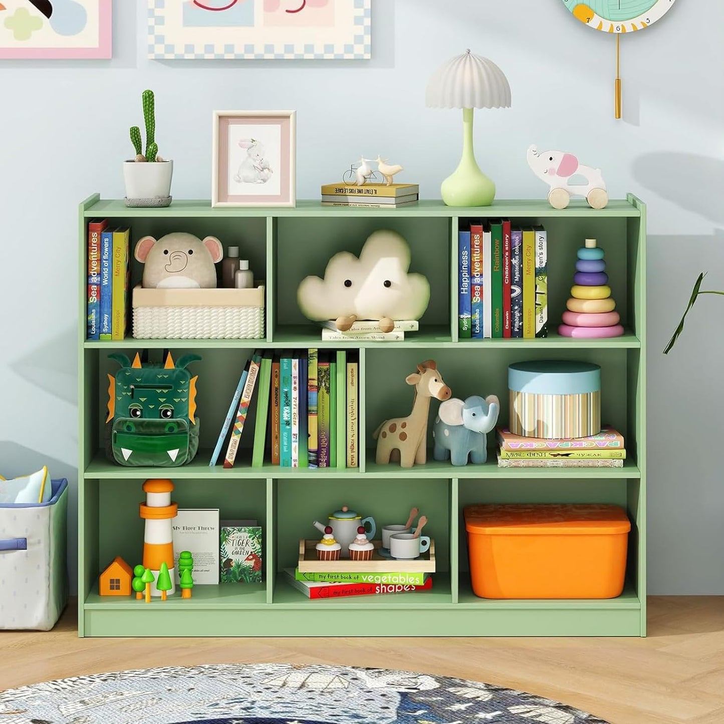 KOTEK Toy Storage Organizer, 5 Cubby Kids Bookshelf, Wooden 3-Tier Bookcase Storage Cabinet, Open Display Book Shelf for Daycare, Nursery, School Classroom, Living Room (Green, 8 Cubes)