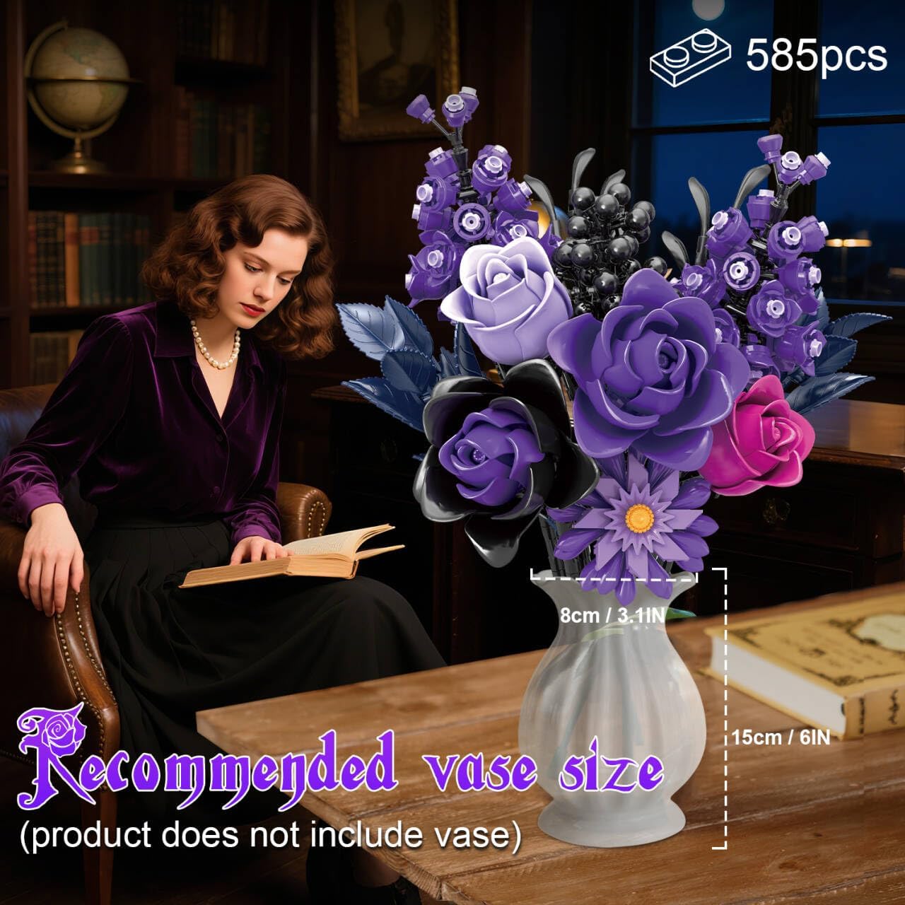 Gohero Purple Roses Building Blocks Set (822PCS) - Lego Compatible Flowers for Adults, Gothic Home Decor, for Women & Teen Girls, Making It an Ideal Gift for Halloween, Valentine's Day.