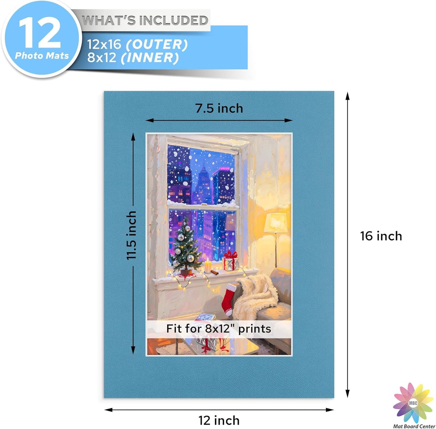 Mat Board Center, 12X16 Mix Color Mats for 8X12 Pictures - Acid Free, 4-Ply Thickness, White Core, Bevel Cut - for Artworks, Photos, Framing - Pack of 12
