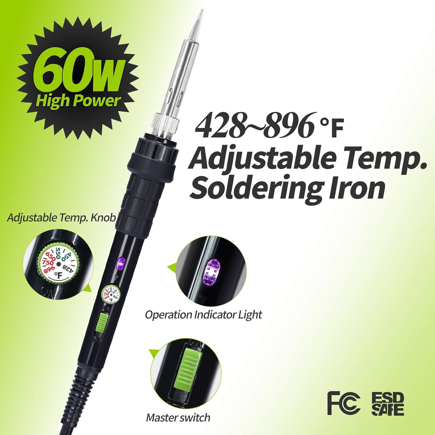YIHUA 947-III 60W Soldering Iron Kit Adjustable Temperature with Sticky Holder, Tip Cleaner, Cleaning Sponge Power Switch, Operation Indicator, Portable Soldering Kit