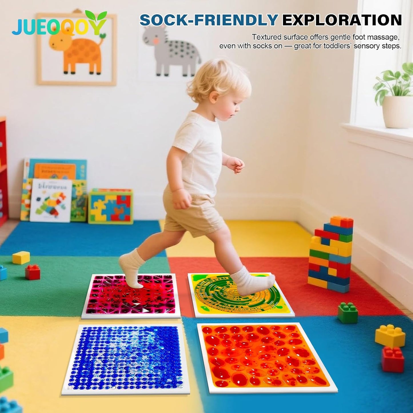 Liquid Sensory Floor Tiles for Kids Ages 3+, 12" Textured Step-On Tiles with Non-Slip Base, Interactive Color-Flow, Assorted Colors, Sensory Path Starter Set (4-Pack)