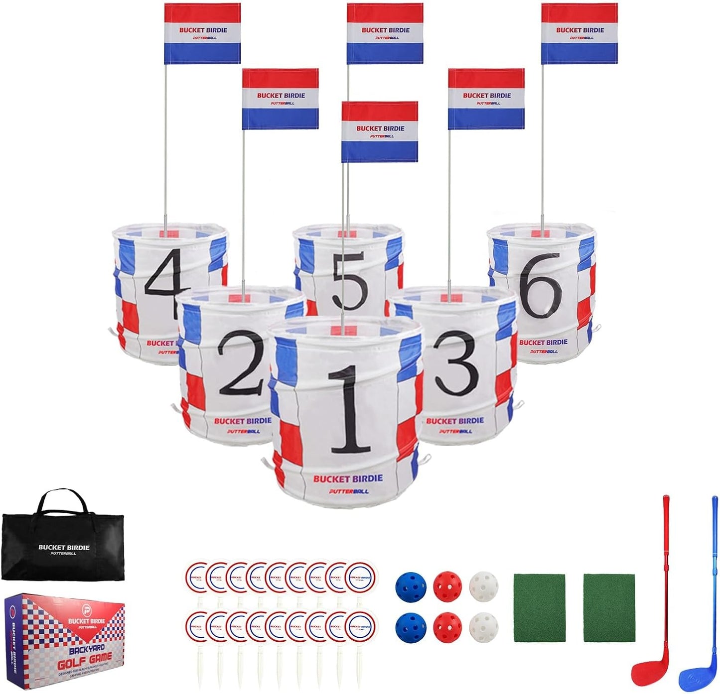 Bucket Birdie Backyard Golf Game — 6 Hole Yard Game with Adjustable Clubs, Flags, Balls, Turf Mats, and Carry Bag — Outdoor Golf Bucket for Adults and Kids