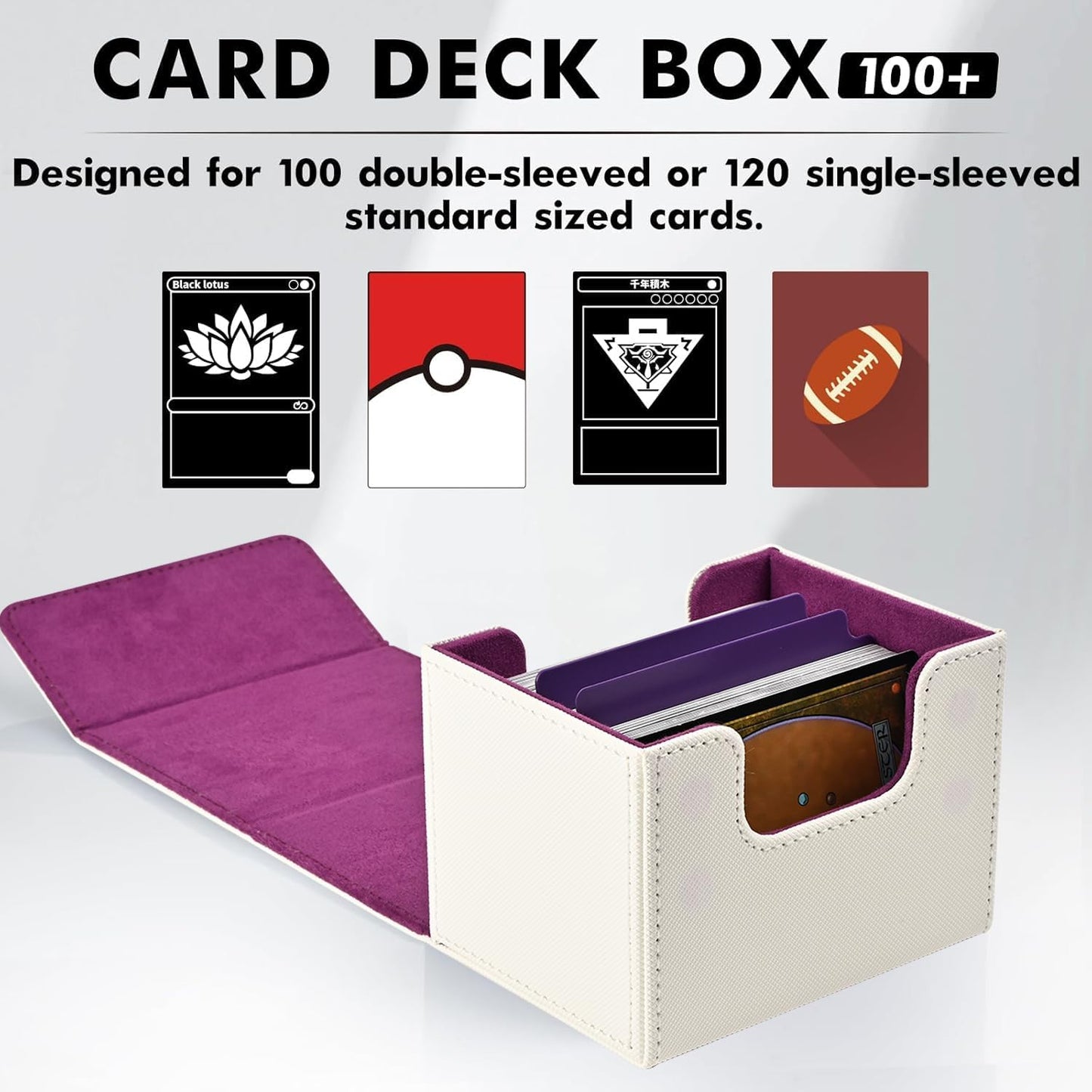ZLCA Card Deck Box for Trading Cards, MTG Commander Deck Box Holds 120+ Single Sleeved, Leather Magnetic Card Storage Case Fits for TCG CCG Magic(White& Purple)