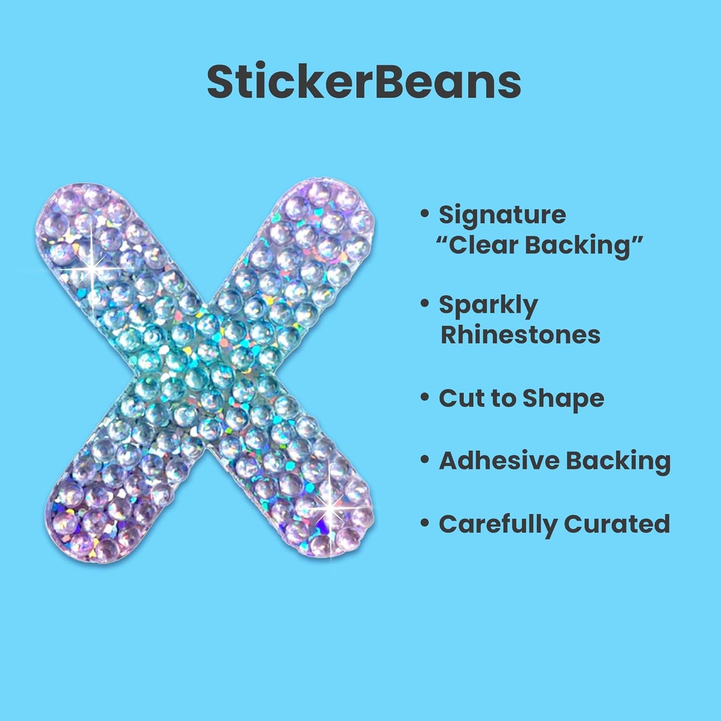 StickerBeans® Rhinestone Alphabet Letter Sticker X - Unique Sparkly Design 2” x 2” Cut-to-Shape Adhesive - Personalization, Collecting, Gifting, Scrapbooking, Decorating Laptops, Phone Cases, All Ages