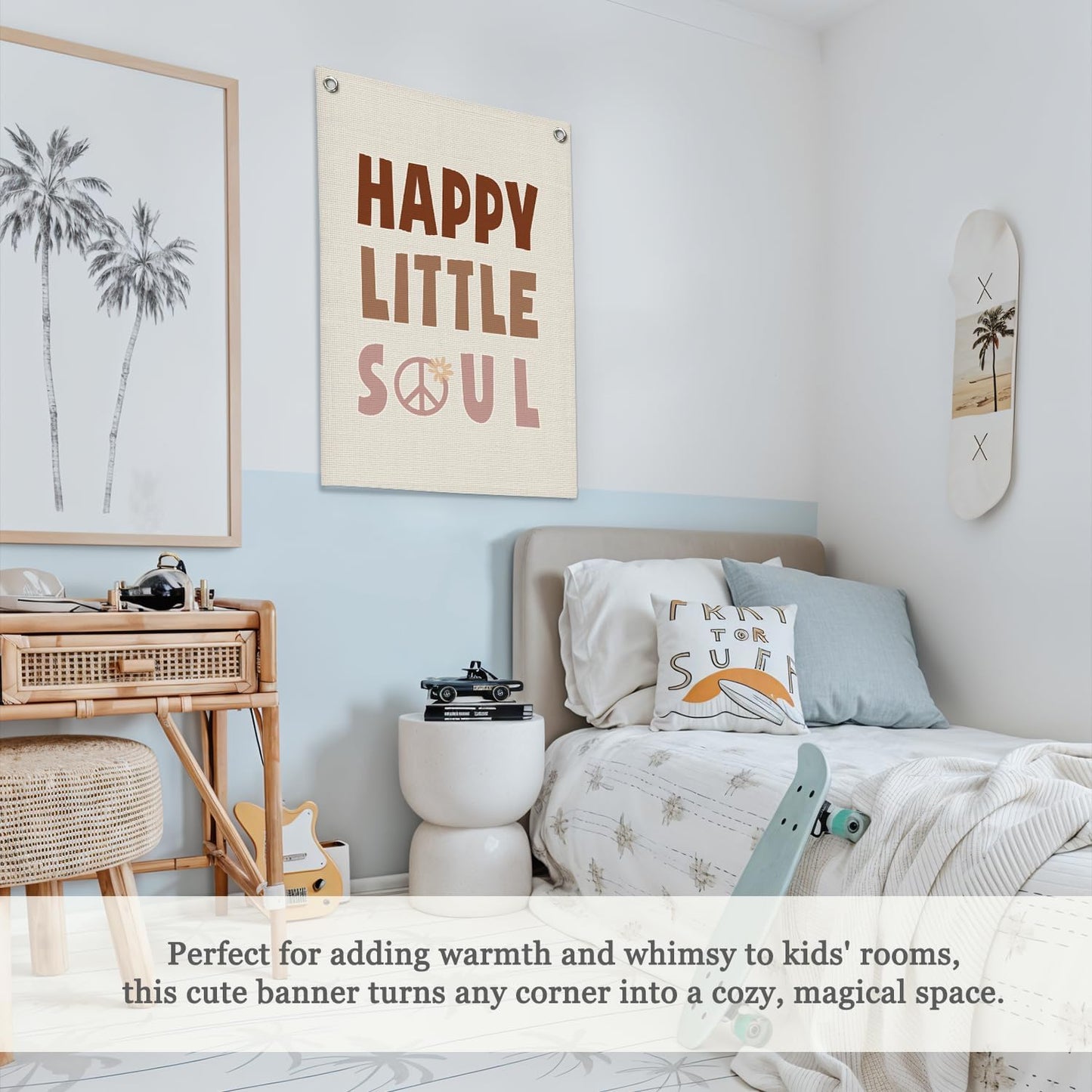 Nursery Wall Decor,Kids Room Decor,Happy Little Soul Linen Canvas Banner,Boho Inspirational Wall Hanging for Girls Bedroom,Nursery,Playroom 18x25 Inch