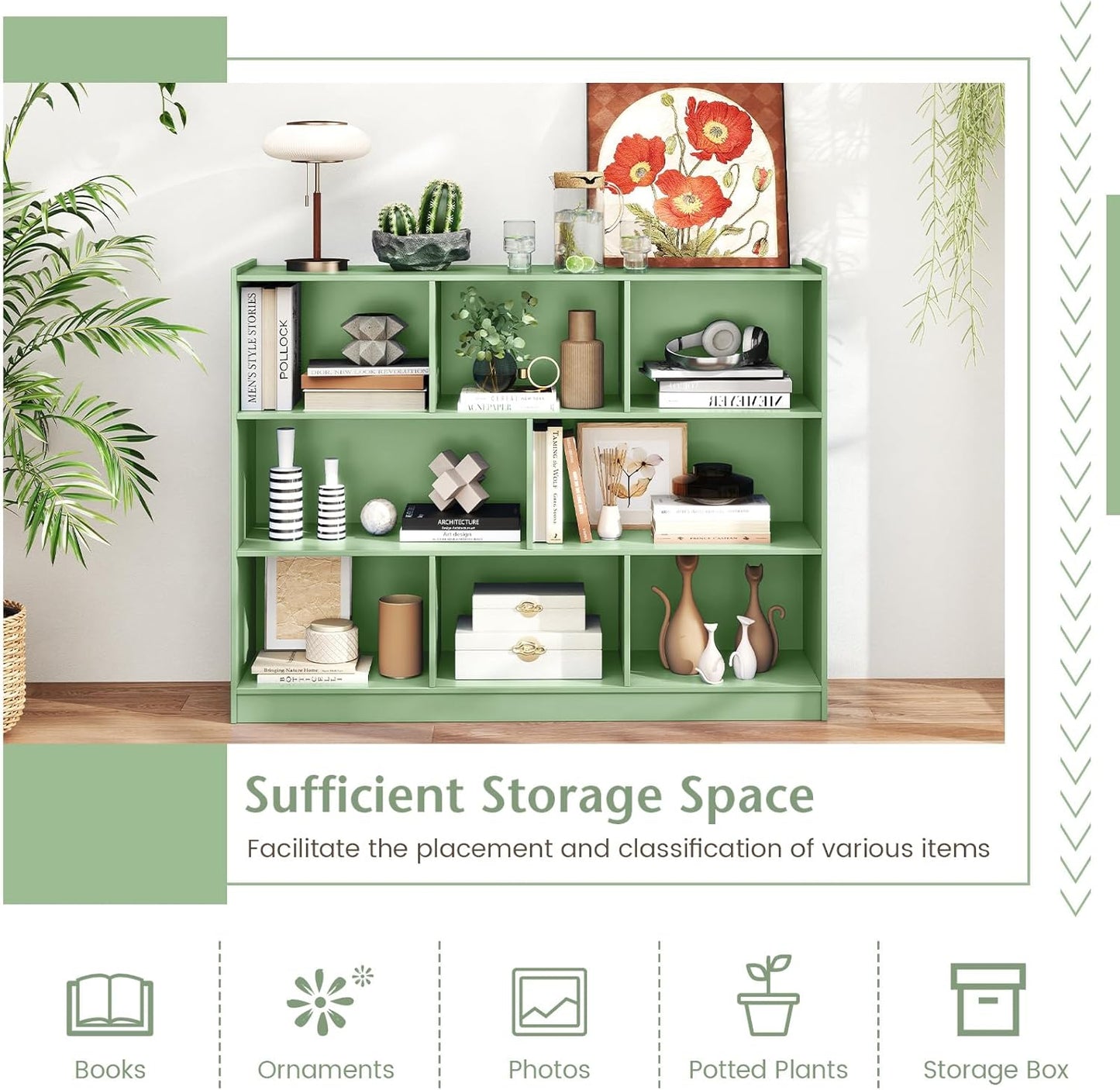 Toy Storage Organizer, 2-Tier Kids Bookshelf, 5 Cube Kids' Bookcases, Cabinets & Shelves, Wooden Toy Organizers, Small Book Shelf for Bedroom, Playroom, Classroom, Nursery (Green, 3-Tier)