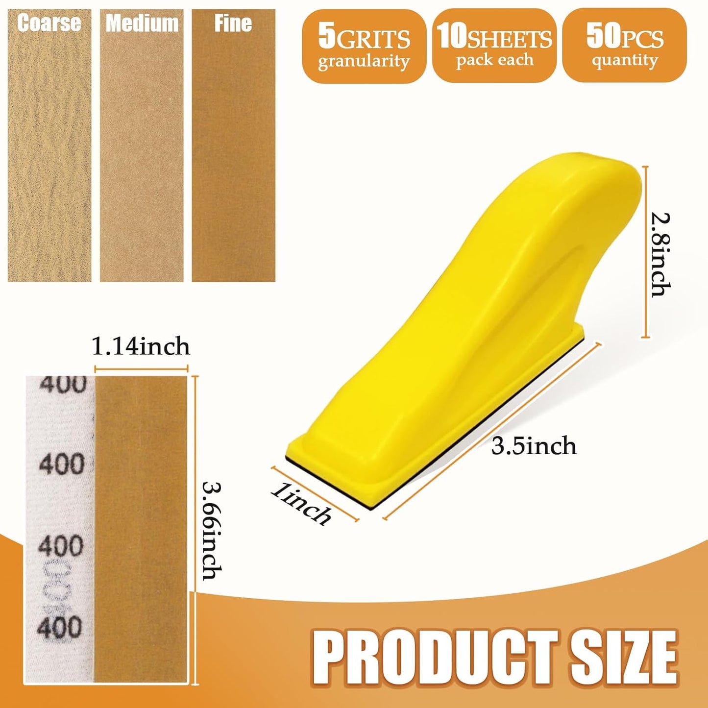 Mini Sander Kit of Detail Hand Sanding Tools and 50 PCS 80/120/180/240/400 Grit Wet Dry Sandpaper Assortment Pack for Wood Furniture, Small DIY Projects and Crafts Polishing