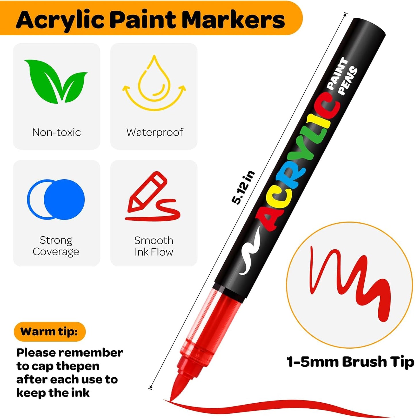 72 Colors Acrylic Paint Markers, Soft Brush Tip Pens and Markers, Water-Based Acrylic Paint Pens for Wood, Stone, Canvas, Glass, Fabric, Egg, Rock Painting and DIY Crafts Art Supplies