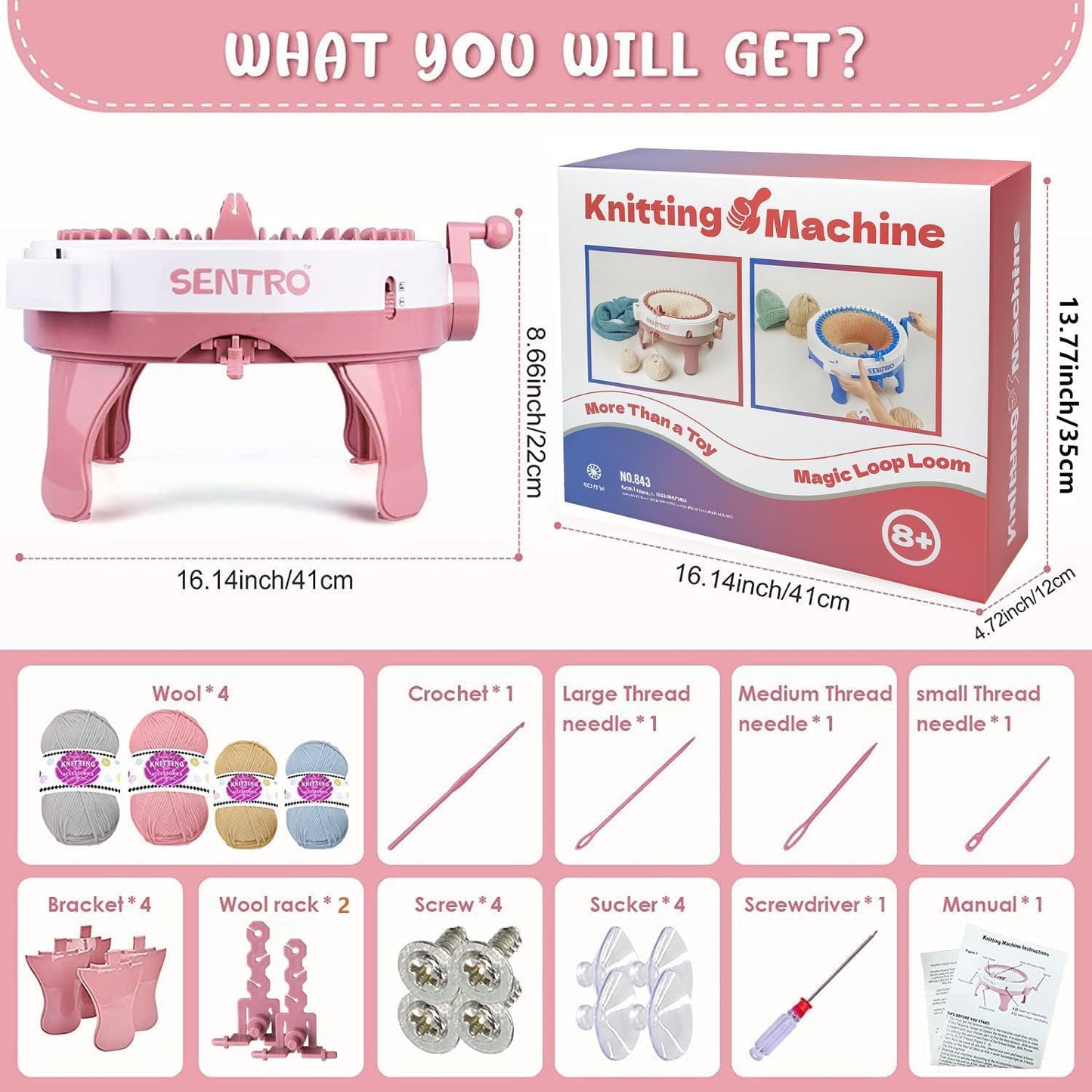 SENTRO 48 Needles Knitting Machine with Row Counter and Plain/Tube Weave Conversion Key, Efficiently DIY Scarf Hat Sock (48 Pink)