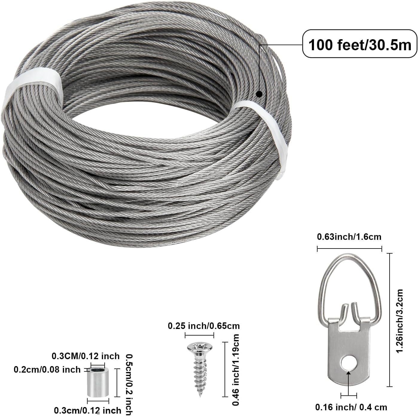 Picture Hanging Wire Kit, 100 FT Braided Hanging Wire, 60pcs D Ring Picture Hangers , 60pcs Aluminum Crimping Loop Sleeve, 60pcs Screws, for Hanging Pictures Painting Hanging Kit Photo Frames