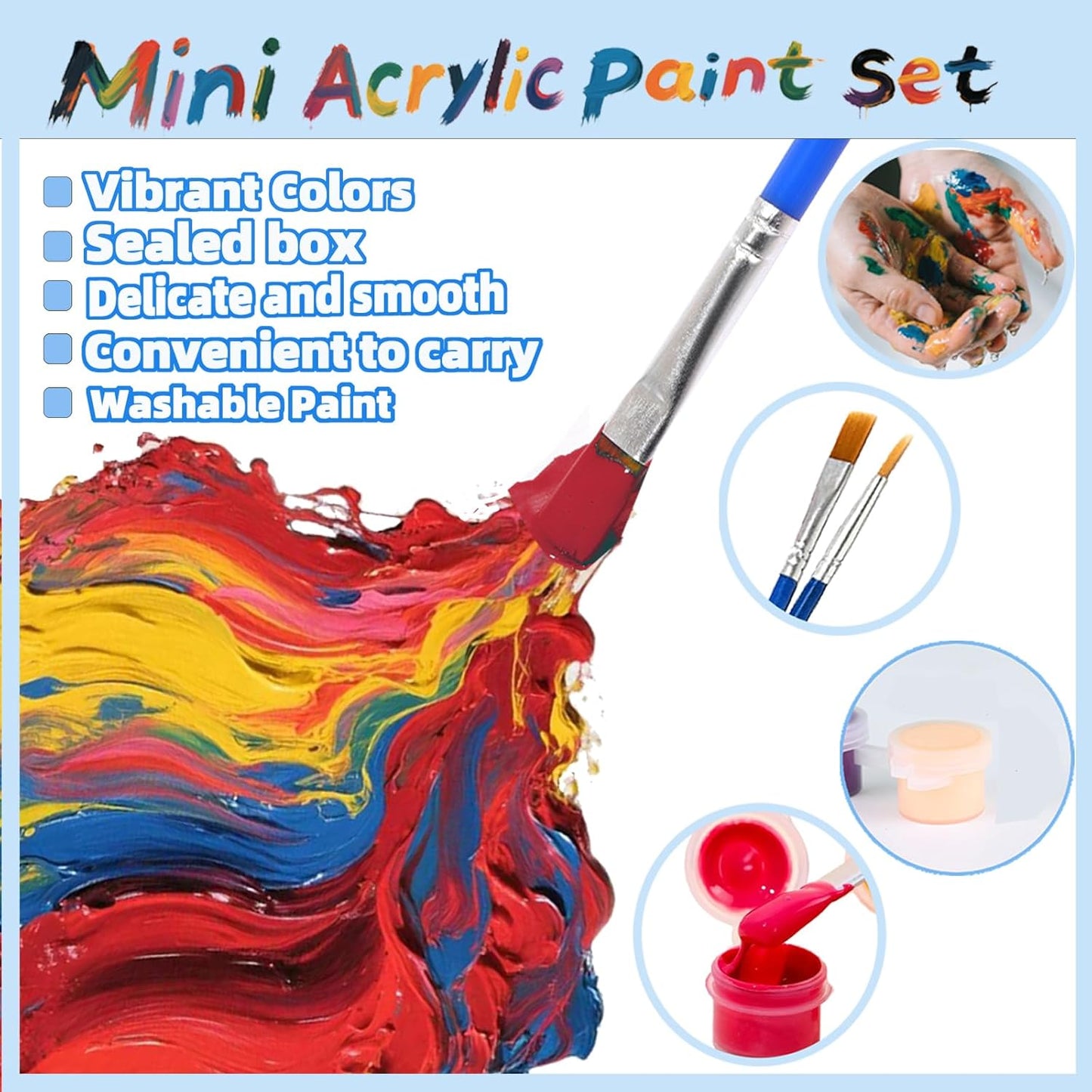 OLINGYOU 50 Pack Mini Acrylic Paint Set, 12 Colors Washable Paint Strips for Kids & Adults - Includes 100 Brushes, 600 PCS Kids Paint Kits for Easter Eggs, Birthday, Classroom Party，School Supplies